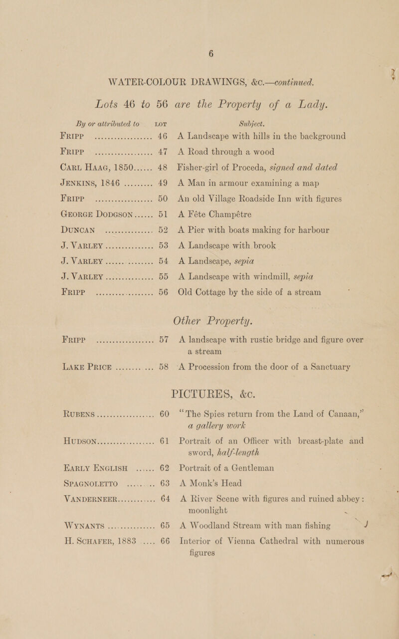 By or attributed F'RIPP eeoeseeseoses ESRD yates) oe tats JENKINS, 1846 ... FRIPP eos eeeeoeeeeos DGONCEN eset De NOM RY eae dV AREY sce. Pe eV WR BEY Peso. FRIPP eeeeee MU BUON Soe. key. e. HU DSONUS gies. EARLY ENGLISH SPAGNOLETTO VANDERNEER...... VW VSANTS: 55 cc cits H. ScHAFER, 18838 to eee eee eeeeee eee eos eeeeeoe etovoe ee. eee eoeses eeerses LOT 46 57 58 60 61 62 eereee sen ewe 64 65 are the Property of a Lady. Subject. A Landscape with hills in the background A Road through a wood A Man in armour examining a map An old Village Roadside Inn with figures A Féte Champétre A Pier with boats making for harbour A Landscape with brook A Landscape, sepia A Landscape with windmill, sepia Old Cottage by the side of a stream A landscape with rustic bridge and figure over a stream “The Spies return from the Land of Canaan,” a gallery work Portrait of an Officer with breast-plate and sword, half-length Portrait of a Gentleman A Monk’s Head A River Scene with figures and ruined abbey: moonlight ~ A Woodland Stream with man fishing a Interior of Vienna Cathedral with numerous figures and