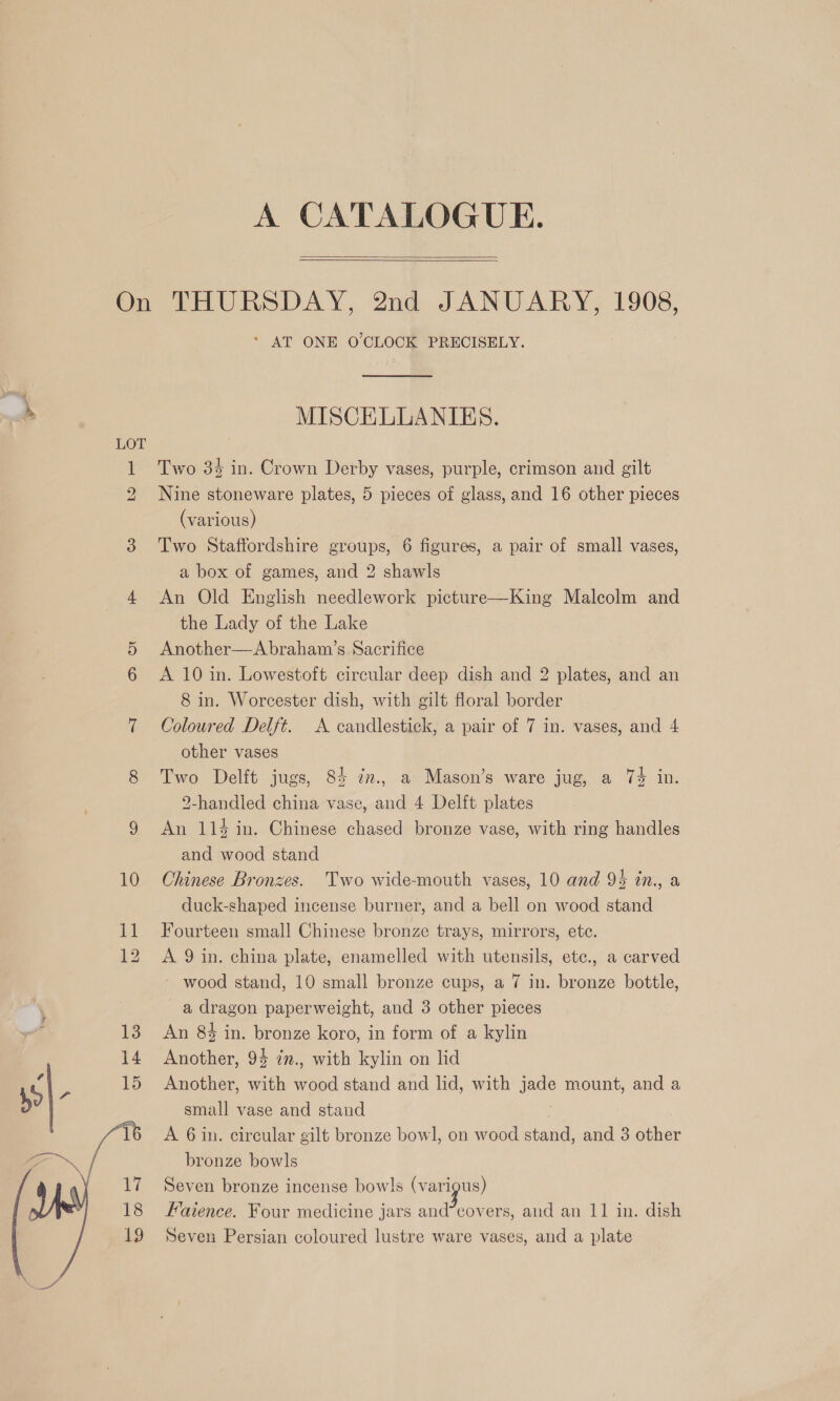 A CATALOGUE.   we LOT bo oo * AT ONE O'CLOCK PRECISELY. MISCELLANIES. Two 34 in. Crown Derby vases, purple, crimson and gilt Nine stoneware plates, 5 pieces of glass, and 16 other pieces (various) Two Staffordshire groups, 6 figures, a pair of small vases, a box of games, and 2 shawls An Old English needlework picture—King Malcolm and the Lady of the Lake Another—Abraham’s Sacrifice A 10 in. Lowestoft circular deep dish and 2 plates, and an 8 in. Worcester dish, with gilt floral border Coloured Delft. A candlestick, a pair of 7 in. vases, and 4 other vases Two Delft jugs, 84 im., a Mason’s ware jug, a 7% in. 2-handled china vase, and 4 Delft plates An 114 in. Chinese chased bronze vase, with ring handles and wood stand Chinese Bronzes. Two wide-mouth vases, 10 and 93 in., a duck-shaped incense burner, and a bell on wood stand Fourteen small Chinese bronze trays, mirrors, ete. A 9 in. china plate, enamelled with utensils, etc., a carved ~ wood stand, 10 small bronze cups, a 7 in. bronze bottle, a dragon paperweight, and 3 other pieces An 8% in. bronze koro, in form of a kylin Another, 94 in., with kylin on lid Another, with wood stand and lid, with jade mount, and a small vase and stand A 6 in. circular gilt bronze bowl, on wood stand, and 3 other bronze bowls Seven bronze incense bow!s (varigus) Faience. Four medicine jars and°covers, and an 11 in. dish Seven Persian coloured lustre ware vases, and a plate