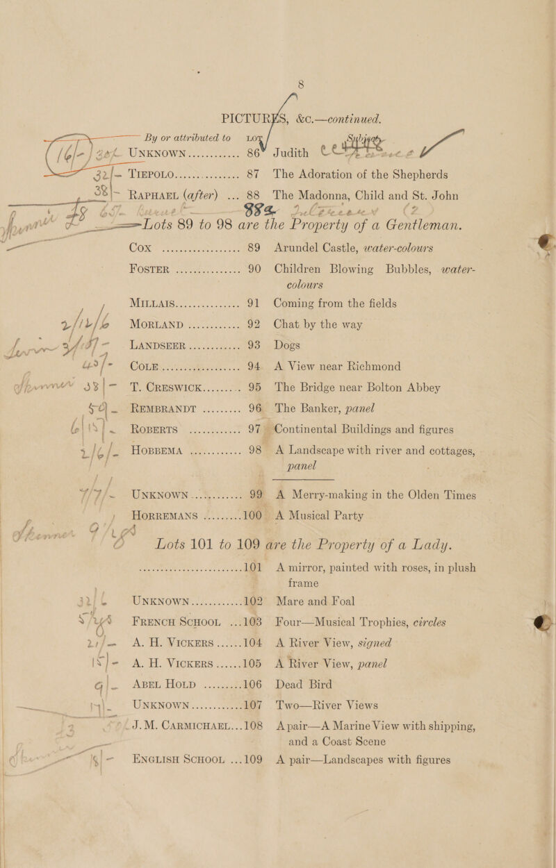 By or attributed to Lo Sud UNKNOWN 237: cone 86 Judith ccr edn attet Pri si Gets TIRPOLO 22.2%. Ale a 87 The Adoration of the Shepherds 38} _ RaPHAE (after) . .. 88 The Madonna, Child and St. John Ay SS Z EM fet. B40        f yw | fed betescae, 89 to 98 are the Property of a Goren ek OI See Mea Aas 89 Arundel Castle, ewater-colours HOSTER (seo se kes 90 Children Blowing Bubbles, . water- ; colours a IVETE ASR: teat ae 91 Coming from the fields oa r/it/b jo MorLanp ce 92 Chat by the way ee ms ie JU:df ‘ LANDSEER Sera 93 Dogs ; ES. MOORS ORR. 94. A View near Richmond off any 33 = OE ORRSGWICK 0,02) .. 95 The Bridge near Bolton Abbey | ve iP? REMBRANDT ......... 96 The Banker, panel b| NS ROIS s.... aaceus’ 97 _ Continental Buildings and figures 4, / , / z HOBBEMA 4o...0..2. 98. A Landscape with river and cottages, foisle panel HORREMANS ......... 100 A Musical Party Bie © Lots 101 to 109 are the Property of a Lady. Se na Sarena 101 A mirror, painted with roses, in plush frame j2/ &amp; UNKNOWN... 2002.22 102 Mare and Foal | y 18 FRENCH ScHOoL ...103 Four—Musical Trophies, circles Dt | A. Hh VICKERS «2% 104 &lt;A River View, segned IS] ee a. VICK RRS 1.58 105 A River View, panel Gq fe ABEL Hep . ag 106 Dead Bird est 4) 2 UNKNOWN: ;... eee 107 Two—River Views € Mees Py _J.M. CARMICHAEL...108 A pair—A Marine View with shipping, 3 and a Coast Scene LC ee \¢ - ENGLISH ScHoOL ...109 A pair—Landscapes with figures 