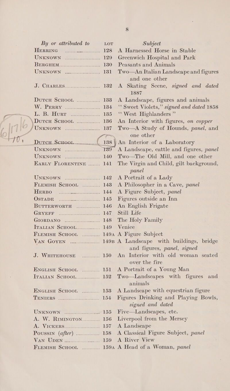 HERRINGVER Cian aia: 128 UNENOWN ae eo oe 129 BERGHEMMre c52.4.0 ee 130 LINISNO WING oe fresco cee 131 PRGTERRIES (op vjanstekt neice 132 DUTCH SCHOOL). 28 133 VVERPER Rati beets. ty come 134 LéBwHurT Aaa 135 Dourcu SCHOOIn.y. ee. 136 UNENOWNY St Re. 137 _Dutcu ScHoou eres GIB IINKNOW Ni cose eee T39 LENKNOWNeis. eels. Meebo 140 EARLY FLORENTINE ........ 141 WINE NOWNG lateness 142 FLEMISH SCHOOL ............ 143 HIER BOG Broce 144 OSTA DE 2. 5c ees 145 BUTTERWORTHS. ee 146 GRYE PRY. jt A ee 147 GIORDANO Me. 148 LEALTIAN@OCHOOLM 2c. 20.., 149 FLEMISH SCHOOL ............ 1494 VANS GOVEN: (ict Ai 1498 J. WHITEHOUSE “2)h8.. 150 ENGLISH SCHOOL. %....:0..0. 151 LTAGTANS SCHOOL. .o1 152 EINGLISH SCHOOL ss.7.. 4 1538 ANTES Peete. kere aes, 154 UNKNOWN eeoeiee.. eee 155 A. W. RIMINGTON............ 156 AG VICKERS gametes ea ae 157 EOUSSIN: (GfiCr)S %..... ee 158 VERNT RD Nt meh eee Ut 159 FLEMISH SCHOOL ............ 1594 A. Harnessed Horse in Stable Greenwich Hospital and Park Peasants and Animals Two—An Italian Landscape and figures and one other A Skating Scene, signed and dated 1887 A Landscape, figures and animals ‘* Sweet Violets,” segned and dated 1858 ‘West Highlanders ”’ An Interior with figures, on copper Two—A Study of Hounds, panel, and one other An Interior of a Laboratory A Landscape, cattle and figures, panel Two—The Old Mill, and one other The Virgin and Child, gilt background, panel A Portrait of a Lady A Philosopher in a Cave, panel A Figure Subject, panel Figures outside an Inn An English Frigate Still Life The Holy Family Venice A Figure Subject A Landscape with buildings, bridge and figures, panel, signed An Interior with old woman seated over the fire A Portrait of a Young Man Two—Landscapes with figures and animals A Landscape with equestrian figure Figures Drinking and Playing Bowls, signed and dated Five—Landscapes, etc. Liverpool from the Mersey A Landscape A. Classical Figure Subject, panel A River View A Head of a Woman, panel