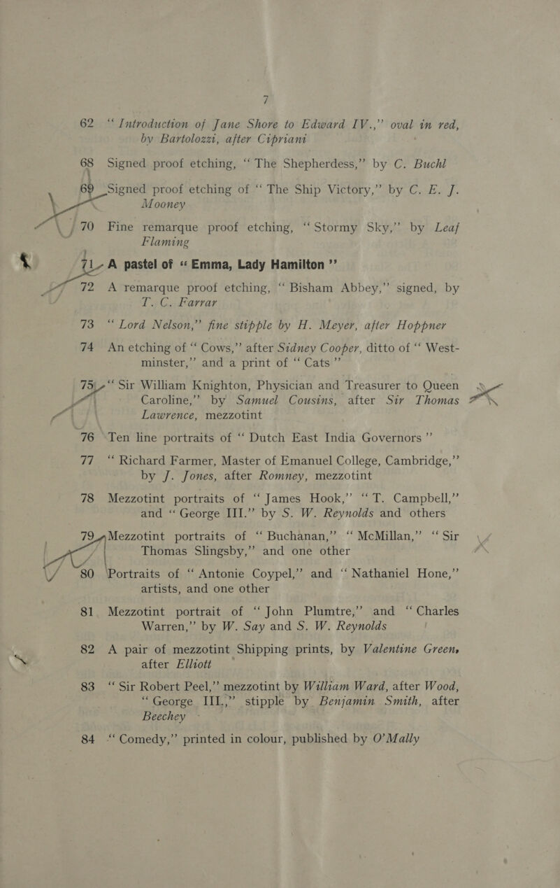 Y 62 ‘‘ Introduction of Jane Shore to Edward IV.,” wae in ved, by Bartolozzi, after Cipriant 68 Signed proof etching, “ The Shepherdess,” by C. Buchl 69 Signed proof etching of “‘ The Ship Victory,” by C. E. J. Mooney   Flaming TL A pastel of « Emma, Lady Hamilton ’’ 72 A remarque proof etching, “ Bisham Abbey,” signed, by Tl. C..£arrar 73“ Lord Nelson,” fine stipple by H. Meyer, after Hoppner 74 An etching of “ Cows,” after Sidney Cooper, ditto of “ West- minster,’ and a print of “ Cats” ib Ne Sir William Knighton, Physician and Treasurer to Queen a Caroline,’ by Samuel Cousins, after Sir Thomas + Lawrence, mezzotint 76 Ten line portraits of “‘ Dutch East India Governors ”’ 77 “ Richard Farmer, Master of Emanuel College, Cambridge,”’ by J. Jones, after Romney, mezzotint 78 Mezzotint portraits of “‘ James Hook,” “ T. Campbell,” and ‘“ George III.” by S. W. Reynolds and others 79.4Mezzotint portraits of ‘“ Buchanan,” “ McMillan, oan Thomas Slingsby,’’ and one other 80 ‘Portraits of ‘ Antonie Coypel,”’ and ‘‘ Nathaniel Hone,” artists, and one other 81 Mezzotint portrait of “‘ John Plumtre,’’ and “Charles Warren,” by W. Say and S. W. Reynolds 82 A pair of mezzotint Shipping prints, by Valentine Greens after Elliott _ 83 “Sir Robert Peel,” mezzotint by Will1am Ward, after Wood, “George IIL,” stipple by Benjamin Smith, after Beechey 84 “‘Comedy,” printed in colour, published by O’Mally
