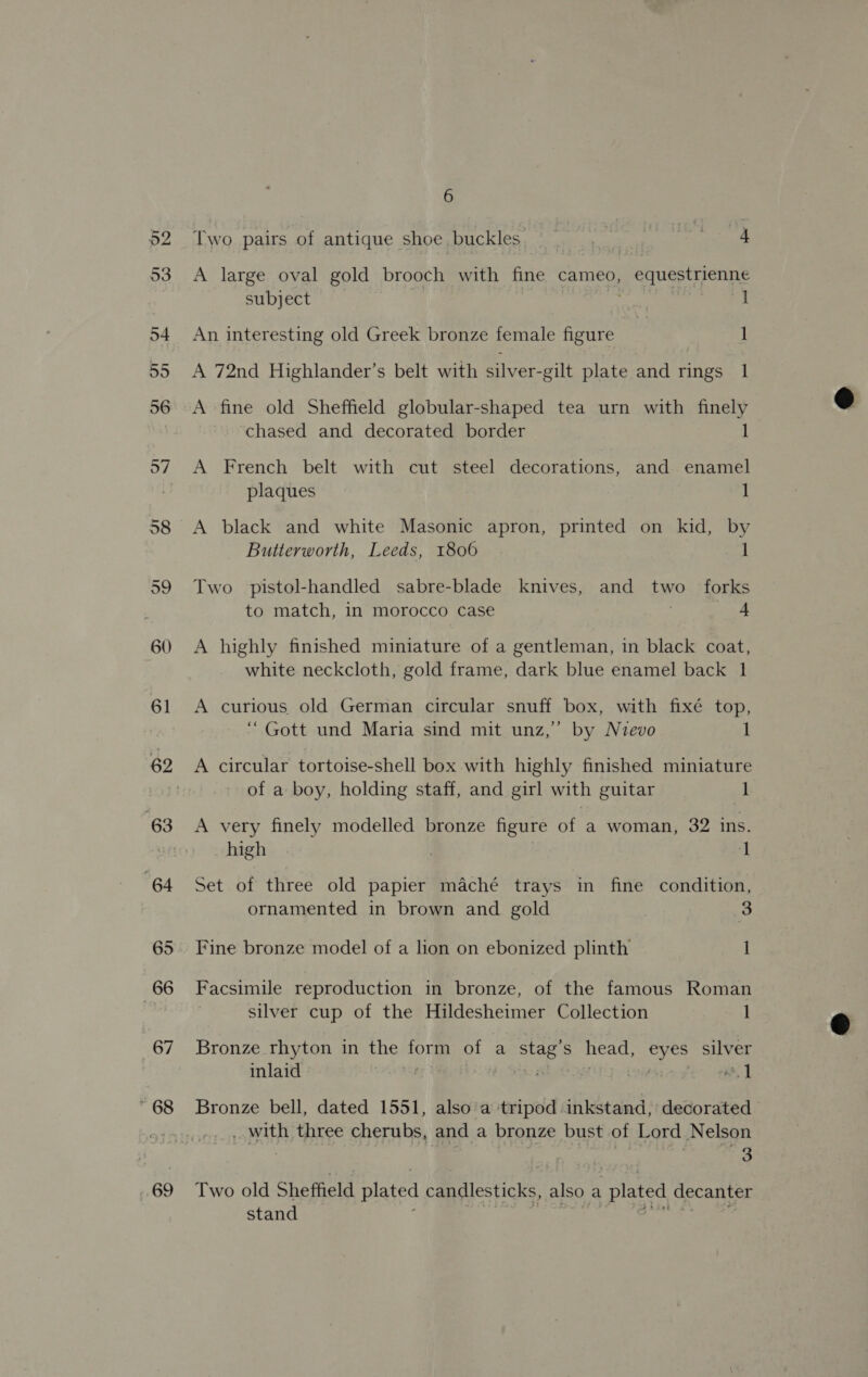 69 6 Two pairs of antique shoe. buckles. gee sawe: A large oval gold brooch with fine cameo, _ equestrienne An interesting old Greek bronze female figure A 72nd Highlander’s belt with silver-gilt plate and rings 1 A fine old Sheffield globular-shaped tea urn with finely chased and decorated border 1 A French belt with cut steel decorations, and enamel plaques 1 A black and white Masonic apron, printed on kid, by Butterworth, Leeds, 1806 1 Two pistol-handled sabre-blade knives, and two forks to match, in morocco case 4 A highly finished miniature of a gentleman, in black coat, white neckcloth, gold frame, dark blue enamel back 1 A curious old German circular snuff box, with fixé top, ‘Gott und Maria sind mit unz,’ by Nzevo 1 A circular tortoise-shell box with highly finished miniature of a boy, holding staff, and girl with guitar I A very finely modelled bronze figure of a woman, 32 ins. high ‘I Set of three old papier maché trays in fine condition, ornamented in brown and gold 3 Fine bronze model of a lion on ebonized plinth 1 Facsimile reproduction in bronze, of the famous Roman silver cup of the Hildesheimer Collection 1 Bronze rhyton in the form of a stag’s head, se silver inlaid r a1 Bronze bell, dated 1551, also a tripod inkstand, decorated * path three cherubs, and a bronze bust of Lord Nelson Two old Sheffield plated candlesticks, also a plated decanter stand  