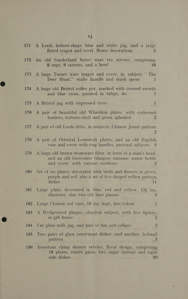 “A71 172 173 174 175 176 177 178 179 180 13 A Leeds helmet-shape blue and white jug, and a large fluted teapot and cover, flower decorations &amp; An old Sunderland lustre ware tea service, comprising 8 cups, 9 saucers, and a bowl 18 A large Turner ware teapot and cover, in subject “ The Deer Hunt,” snake handle and mask spout I A large old Bristol coffee pot, marked with crossed swords and blue cross, painted in tulips, &amp;c. 1 A Bristol jug with impressed cross 1 A pair of beautiful old Whieldon plates, with embossed borders, tortoise-shell and green splashed 2 A pair of old Leeds ditto, in subjects, Chinese Jesuit pattern 2 A pair of Oriental Lowestoft plates, and an old English vase and cover with ring handles, pastoral subjects 3 A large old brown stoneware filter, in form of a man’s head, and an old Grosvenor Glasgow masonic water bottle and cover, with various emblems ye fond Set of six plates; decorated with birds and flowers in green, purple and red, also a set of five shaped willow pattern dishes ig Large plate, decorated in blue, red and yellow, 134 ins. diameter, also two old beer glasses 3 Large Chinese red vase, 18 ins. high, fine colour 1 A Wedgewood plaque, classical subject, with five figures, in gilt frame 1 Two pairs of glass sweetmeat dishes, and another, hobnail pattern Ss 18 plates, centre piece, two sugar tureens and eight side dishes 7 FU AZO