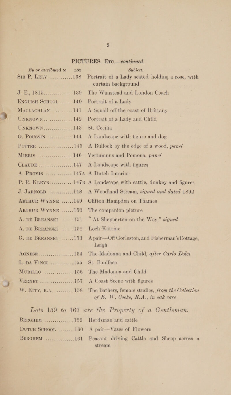 Sere, GELY...... Ree 138 oo lO ite Ge ea ee er 139 ENGLISH SCHOOL ...... 140 INDECTACHILAN 20.5) 22. 14] WMINNOWN 6 cass ek. ce. 142 WIWKNOWN Sis.cges sega 143 GAEOUSSIN ©... ...005% 144 POUR soos oilseed aces. 145 DNASE yooh ss oe vee oe 146 MODI i. ae eck ness 147 APPROVES ti5 Ah xs vee, 147A IPR. ICLEY Nigiese ey os. 1473 J. JARNOLD se. 2k0.. 065 148 ARTHUR WYNNE ...... 149 ARTHUR WYNNE ...... 150 A. DR BREANSKI ...... Von A. DE BREANSKI ...... 152 G. DE BREANSKI “0 (One 154 He DAW, ING cee see 155 OOM O: 7. 008. nce ss 156 TONE Goon x ies Coca 154 W. Erty, Ty Gee eee 158 Portrait of a Lady seated holding a rose, with curtain background The Wanstead and London Coach Portrait of a Lady A Squall off the coast of Brittany Portrait of a Lady and Child St. Cecilia A Landseape with figure and dog A Bullock by the edge of a wood, panel Vertumnus and Pomona, panel A Landscape with figures A Dutch Interior A Landscape with cattle, donkey and figures A Woodland Stream, s7gned and dated 1892 Clifton Hampden on Thames The companion picture “At Shepperton on the Wey,” signed Loch Katrine A pair—Off Gorleston, and Fisherman’s Cottage, Leigh The Madonna and Child, after Carlo Dolei St. Boniface The Madonna and Child A Coast Scene with figures The Bathers, female studies, from the Collection of kk. W. Cooke, R.A., in oak case DUTCH SCHOOL 2..6..... 160 ced a 161 A pair— Vases of Flowers Peasant driving Cattle and Sheep across a stream