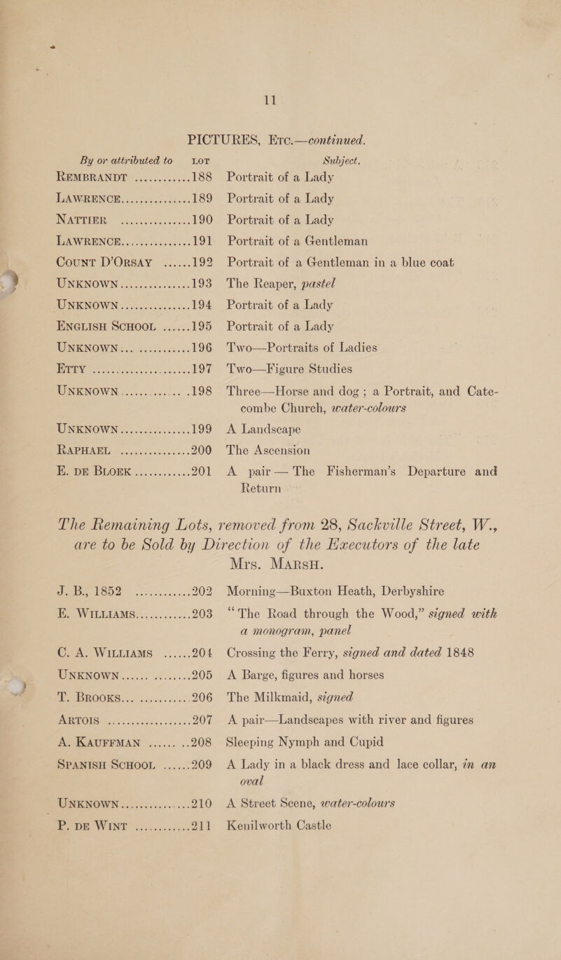 ——-_ aa 11 By or attributed to REMBRANDT eoeereeeceeeoe TGAWBENOE. &amp;... doi.coc ds os NATTIER ewer eceer eee eee eee eeeceoe eeoeoe er eooeeseeere~ seen eeoeeer se os eo ese LOT Subject. Portrait of a Lady Portrait of a Lady Portrait of a Lady Portrait of a Gentleman Portrait of a Gentleman in a blue coat The Reaper, pastel Portrait of a Lady Portrait of a Lady Two—Portraits of Ladies Two—Figure Studies Three—Horse and dog; a Portrait, and Cate- combe Church, water-colours A. Landscape The Ascension A pair — The Return Fisherman’s Departure and J. B., 1852 eereeeeesrveone He VV ILEIAMS..~.&lt;..s.e-. C. A. WILLIAMS WO NIONOWIN .c.45. Ste fe eeoeee ARTOIS ereeeor eee ese eoeees eoeeeee of cee eee eee re ores roe 202 203 Mrs. MArRsH. Morning—Buxton Heath, Derbyshire “The Road through the Wood,” signed with a monogram, panel Crossing the Ferry, signed and dated 1848 A Barge, figures and horses The Milkmaid, segned A pair—Landscapes with river and figures Sleeping Nymph and Cupid A Lady in a black dress and lace collar, 7n an oval A Street Scene, water-colours Kenilworth Castle