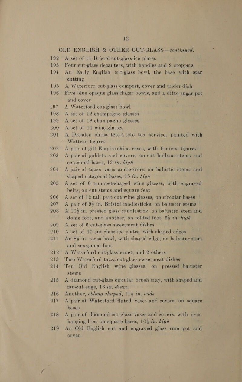 OLD ENGLISH &amp; OTHER CUT-GLASS—continued. 192 A set of 11 Bristol cut-glass ice plates 193 Four cut-glass decanters, with handles and 2 stoppers 194 An Early English cut-glass bowl, the base with star cutting 195 <A Waterford cut-glass comport, cover and under-dish 196 Five blue opaque glass finger bowls, and a ditto sugar pot and cover 197 A Waterford cut-glass bowl 198 <A set of 12 champagne glasses 199 <A set of 18 champagne glasses 200 A set of 11 wine glasses 201 A Dresden china téte-a-téte tea service, painted with ~ Watteau figures . 202 A pair of gilt Empire china vases, with Teniers’ figures 203 A pair of goblets and covers, on cut bulbous stems and octagonal bases, 13 in. high 204 A pair of tazza vases and covers, on baluster stems and shaped octagonal bases, 15 tn. high 205 A set of 6 trumpet-shaped wine glasses, with engraved belts, on cut stems and square feet 206 A set of 12 tall part cut wine glasses, on circular bases 207 <A pair of 94 in. Bristol candlesticks, on baluster stems 208 <A 104 in. pressed glass candlestick, on baluster stem and dome foot, and another, on folded foot, 64 in. high 209 <A set of 6 cut-glass sweetmeat dishes 210 A set of 10 cut-glass ice plates, with shaped edges 211 An 84 in. tazza bowl, with shaped edge, on baluster stem and sexagonal foot A Wawrford cut-glass cruet, and 2 others Two Waterford tazza cut-glass sweetmeat dishes 214 Ten Old English wine glasses, on pressed baluster stems 215 A diamond cut-glass circular brush tray, with shaped and fan-cut edge, 13 in. diam. Another, oblong shaped, 114 in. wide 217 <A pair of Waterford fluted vases and covers, on square bases 218 A pair of diamond cut-glass vases and covers, with over- hanging lips, on square bases, 103 7m. high 219 An Old English cut and engraved glass rum pot and cover