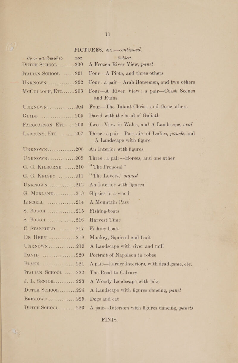  DutrcH SCHOOL eee ITALIAN SCHOOL UNKNOWN a ey McCutL.ocg, ETc. UNKNOWN Pe ee GUIDO ey LABRUNY, ETC. :.. UNKNOWN. 2.5.5.5. UNKNOWN......... G. G. KiLBURNE G. G. KELSEY WUNENOWN........: G. MORLAND...... LINNELL a ey see reece a see eee eee eoe CD cower oe rs teen sae CeO CaCkor ir; 11 rere 200 pian 201 A Fe 202 Sages 204 Tee 205 .. 206 eee 207 ee 208 See 209 A Frozen River View, panel Four—A Pieta, and three others Four : a pair—Arab Horsemen, and two others Four—A. River View ; a pair—Coast Scenes and Ruins Four—The Infant Christ, and three others David with the head of Goliath Two—View in Wales, and A Landscape, oval Three : a pair—Portraits of Ladies, panels, and A Landseape with figure An Interior with figures Three : a pair—-Horses, and one other “The Proposal ” “The Lovers,” signed An Interior with figures Gipsies in a wood A Mountain Pass Fishing-boats Harvest Time Fishing-boats Monkey, Squirrel and fruit A Landscape with river and mill Portrait of Napoleon in robes A pair—Larder Interiors, with dead game, ete. The Road to Calvary A Woody Landseape with lake A Landscape with figures dancing, panel A pair-—Interiors with figures dancing, panels FINIS.