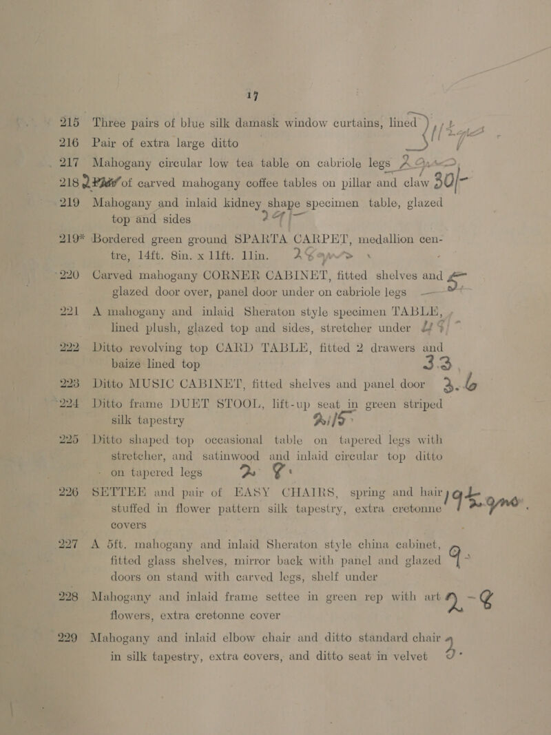 215 Three pairs of blue silk damask window curtains, lined) 216 Pair of extra large ditto ee 217 Mahogany circular low tea table on cabriole legs: At 218 a Padi of carved mahogany coffee tables on pillar and ane “30/- 219 Mahogany and inlaid kidney shape ‘Specimen table, glazed top and sides of 219* ‘Bordered green ground SPARTA CARPET, medallion cen: tre, 14ft. 8in. x 11ft. 1llin. 2% yi > 220 Carved mahogany CORNER CABINET, fitted shelves and glazed door over, panel door under on cabriole legs — 221 A mahogany and inlaid Sheraton style specimen TABLH, lined plush, glazed top and sides, stretcher under 2? 9 222 Ditto revolving top CARD TABLE, fitted 2 drawers and baize lined top 3 3 223 Ditto MUSIC CABINET, fitted shelves and panel door a. iP 224 Ditto frame DUET STOOL, lft-up seat in green striped silk tapestry Bils> 225 Ditto shaped top occasional table on tapered legs with stretcher, and satinwood and inlaid circular top ditto on tapered legs 2. a 226 SETTEE and pair of EASY CHAIRS, spring and hair)@J- stuffed in flower pattern silk tapestry, extra cretonne q a Qe ‘ covers 227 A Sft. mahogany and inlaid Sheraton style china cabinet, fitted glass shelves, mirror back with panel and glazed doors on stand with carved legs, shelf under 228 Mahogany and inlaid frame settee in green rep with Meee ¢ flowers, extra cretonne cover 229 Mahogany and inlaid elbow chair and ditto standard chair in silk tapestry, extra covers, and ditto seat in velvet ,