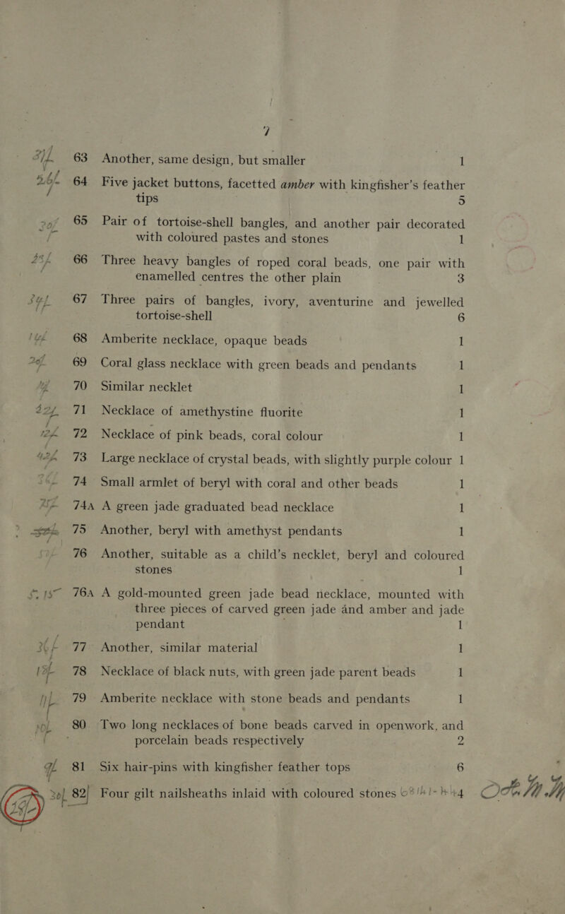 SL 63 5b 64 / auf GB 25, 66 S4¥f 67 bef 68 26 69 we 70 32y, 71 2f 72 “2 73 ad 7 y ly Maas PWN a, 75 76 oye > 176A E77 I9- 78 - hy F 79 ty wt) 80 ie: ‘ a ' 7 Another, same design, but smaller er Five jacket buttons, facetted amber with kingfisher’s feather tips 5 Pair of tortoise-shell bangles, and another pair decorated with coloured pastes and stones 1 Three heavy bangles of roped coral beads, one pair with enamelled centres the other plain 3 3 Three pairs of bangles, ivory, aventurine and jewelled tortoise-shell , 6 Amberite necklace, opaque beads I Coral glass necklace with green beads and pendants l Similar necklet I Necklace of amethystine fluorite ] Necklace of pink beads, coral colour ] Large necklace of crystal beads, with slightly purple colour 1 Small armlet of beryl with coral and other beads i A green jade graduated bead necklace 1 Another, beryl with amethyst pendants 1 Another, suitable as a child’s necklet, beryl and coloured stones I A gold-mounted green jade bead necklace, mounted with three pieces of carved green jade and amber and jade pendant I Another, similar material 1 Necklace of black nuts, with green jade parent beads 1 Amberite necklace with stone beads and pendants 1 porcelain beads respectively 2 Six hair-pins with kingfisher feather tops sais Four gilt nailsheaths inlaid with coloured stones ©*/+!- +4