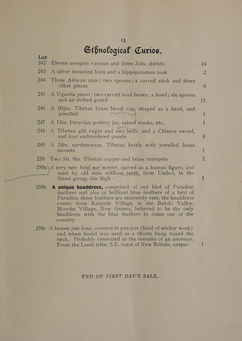 249 250 13 ElBnological Curios. Eleven assegais various and three Zulu shields A silver mounted horn and a hippopotamus tusk Three African axes; two spoons; a carved stick and three other pieces A Uganda piano; two carved food boxes; a bowl; six spoons and an etched gourd A 104in. Tibetan brass pu ea shaped as a head, and fewelied A 13in. Peruvian pottery jar, ae ee ccs etc A Tibetan gilt vagra and two bells, and a Chinese sword, and four embroidered panels A 24in. earthenware, Tibetan kettle with jewelled brass mounts Two 5ft. 9in. Tibetan copper and brass trumpets  used by old men without _teeth, from Umboi, in the Siassi group, 6in. high feathers and also of brilliant blue feathers of a bird of Paradise, these feathers are extremely rare, the headdress comes from Kaisinik Village, in the Bulolo Valley, Morobe Village, New Guinea, believed to be the only headdress with the blue feathers to come out of the country and when found was used as a charm hung round the neck. Probably venerated as the remains of an ancestor. From the Lonti tribe, S.E. coast of New Britain, unique END OF FIRST DAY’S SALE. 14