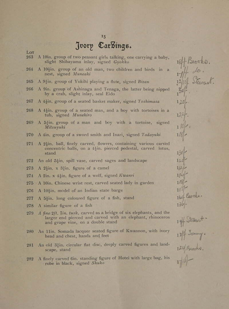 263 265 267 268 269 270 271 272 273 274 275 276 277 278 279 281 282 15 Joory Car¥ings. A 10in. group of two peasant girls talking, one carrying a baby, slight Shibayama inlay, signed Gyokko A 104in. group of an old man, two children and birds in a nest, signed Muneaki A 94in. group of Yokihi playing a flute, signed Bizan A 9in. group of Ashinaga and Tenaga, the latter being nipped by a crab, slight inlay, seal Eido A 44in, group of a seated basket maker, signed Toshimasa A 44in. group of a seated man, and a boy with tortoises in a tub, signed Munehiro A 54in. group of a man and boy with a tortoise, Mitsuyuki signed A 4in. group of a sword smith and Inari, signed Tadayuki A 24in. ball, finely carved, flowers, containing various carved concentric balls, on a 44in. pierced pedestal, carved lotus, stand An old 54in, spill vase, carved sages and landscape A 2kin. x 33in. figure of a camel A 2in. x 4hin. figure of a wolf, signed Kwanri A 104in. model of an Indian state barge A 54in. A similar figure of a fish long coloured figure of a fish, stand A fine 2ft. Tin. tusk, carved as a bridge of six elephants, and the larger end pierced and carved with an elephant, rhinoceros and grape vine, on a double stand An 1lin. Somada lacquer seated figure of Kwannon, with tvory head and chest, hands and feet An old 33in. circular flat disc, deeply carved figures and land- scape, stand A finely carved 6in. standing figure of Hotei with large bag, his -robe in black, signed Shuko poy 1 | G Up py i? 1244} Lay hey AA,