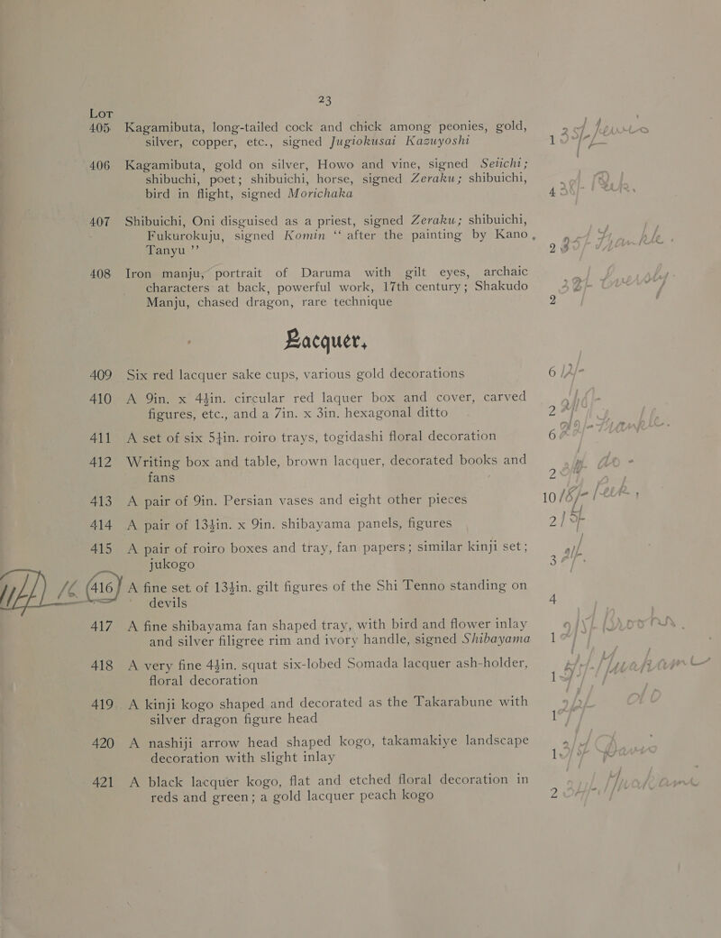 l 405: 406 407 408 409 410 * Sip. / f i {&gt; - ——— — 417 418 419 420 421 23 Kagamibuta, long-tailed cock and chick among peonies, gold, silver, copper, etc., signed Jugiokusai Kazuyoshi Kagamibuta, gold on silver, Howo and vine, signed Setichi; shibuchi, poet; shibuichi, horse, signed Zeraku; shibuichi, bird in flight, signed Morichaka Shibuichi, Oni disguised as a priest, signed Zeraku; shibuichi, 3) Tanyu Iron manju, portrait of Daruma with gilt eyes, archaic characters at back, powerful work, 17th century ; Shakudo Manju, chased dragon, rare technique Bacquer, Six red lacquer sake cups, various gold decorations A Qin. x 44in. circular red laquer box and cover, carved figures, etc., and a Zin. x 3in. hexagonal ditto A set of six 54in. roiro trays, togidashi floral decoration Writing box and table, brown lacquer, decorated books and fans | A pair of 9in. Persian vases and eight other pieces A pair of 13$in. x Qin. shibayama panels, figures A pair of roiro boxes and tray, fan papers; similar kinji set; jukogo A fine set of 134in. gilt figures of the Shi Tenno standing on devils A fine shibayama fan shaped tray, with bird and flower inlay and silver filigree rim and ivory handle, signed Shibayama A very fine 44in. squat six-lobed Somada lacquer ash-holder, floral decoration _A kinji kogo shaped and decorated as the Takarabune with silver dragon figure head A nashiji arrow head shaped kogo, takamakiye landscape decoration with slight inlay A black lacquer kogo, flat and etched floral decoration in reds and green; a gold lacquer peach kogo