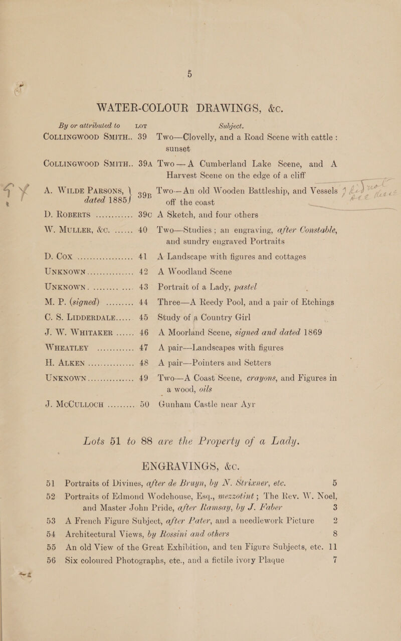  ig SS { — By or attributed to LOT COLLINGWOOD SMITH.. 39 Subject. Two—Clovelly, and a Road Scene with cattle : sunset A. WILDE PARSONS, \ 39 Harvest Scene on the edge of a cliff dated 1885 off the coast VOPR RTS we ass. 39c A Sketch, and four others W. MuULueEr, &amp;o. ...... 40 Two—Studies; an engraving, after Constable, | DOO” a 4] UNKNOWN «0.0.0.0 .6 005. 42 UNENOW Nc ores oo. 43 M. P. (signed): ......... 44 ©. S, EIDDERDALE...:. ~. 45 J. W. WHITAKER ...... 46 AVERBADERY — 2.0. &lt;.4005 04 47 Be KN ee eee en ee 48 WONKNOWN ofr sawn 49 dT VMICCULEOCH 62.4.2, 50 and sundry engraved Portraits A Landscape with figures and cottages A Woodland Scene Portrait of a Lady, pastel Three—A Reedy Pool, and a pair of Etchings Study of a Country Girl : A Moorland Scene, signed and dated 1869 A pair-—Landscapes with figures A pair—Pointers and Setters Two—A Coast Scene, crayons, and Figures in a wood, ozs Gunham Castle near Ayr 51 Portraits of Divines, after de Bruyn, by N. Strianer, ete. 5 52 Portraits of Edmond Wodchouse, Esq., mezzotint ; The Rev. W. Noel, and Master John Pride, after Ramsay, by J. Haber 3 53 &lt;A French Figure Subject, after Pater, and a needlework Picture 2 564 Architectural Views, by Rossini and others 8 56 Six coloured Photographs, ete., and a fictile ivory Plaque i