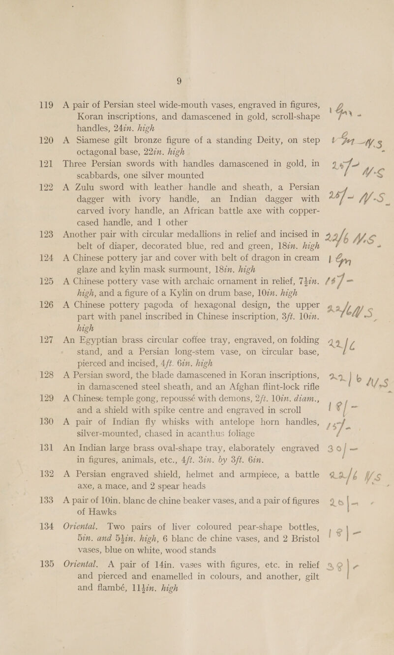 PEG 120 121 122 123 124 125 126 127 128 129 130 131 132 133 134 135 9 A pair of Persian steel wide-mouth vases, engraved in figures, Koran inscriptions, and damascened in gold, scroll-shape handles, 247. high | A Siamese gilt bronze figure of a standing Deity, on step octagonal base, 227. high Three Persian swords with handles damascened in gold, in scabbards, one silver mounted A Zulu sword with leather handle and sheath, a Persian dagger with ivory handle, an Indian dagger with carved ivory handle, an African battle axe with copper- cased handle, and 1 other Another pair with circular medallions in relief and incised in belt of diaper, decorated blue, red and green, 187. high A Chinese pottery jar and cover with belt of dragon in cream glaze and kylin mask surmount, 187. high A Chinese pottery vase with archaic ornament in relief, 747. Iigh, and a figure of a Kylin on drum base, 107. high A Chinese pottery pagoda of hexagonal design, the upper part with panel inscribed in Chinese inscription, 3/t. 10zn. high | An Egyptian brass circular coffee tray, engraved, on folding stand, and a Persian long-stem vase, on circular base, pierced and incised, 4/t. 611. high A Persian sword, the blade damascened in Koran inscriptions, in damascened steel sheath, and an Afghan flint-lock rifle A Chinese temple gong, repoussé with demons, 2/t. 1001. dram., and a shield with spike centre and engraved in scroll silver-mounted, chased in acanthus foliage An Indian large brass oval-shape tray, elaborately engraved in figures, animals, etc., 4ft. 31n. by 3ft. bin. A Persian engraved shield, helmet and armpiece, a battle axe, a mace, and 2 spear heads A pair of 10in. blanc de chine beaker vases, and a pair of figures of Hawks Oriental. Two pairs of liver coloured pear-shape bottles, din. and d4in. high, 6 blanc de chine vases, and 2 Bristol vases, blue on white, wood stands Oriental. and pierced and enamelled in colours, and another, gilt and flambé, lldin. high 