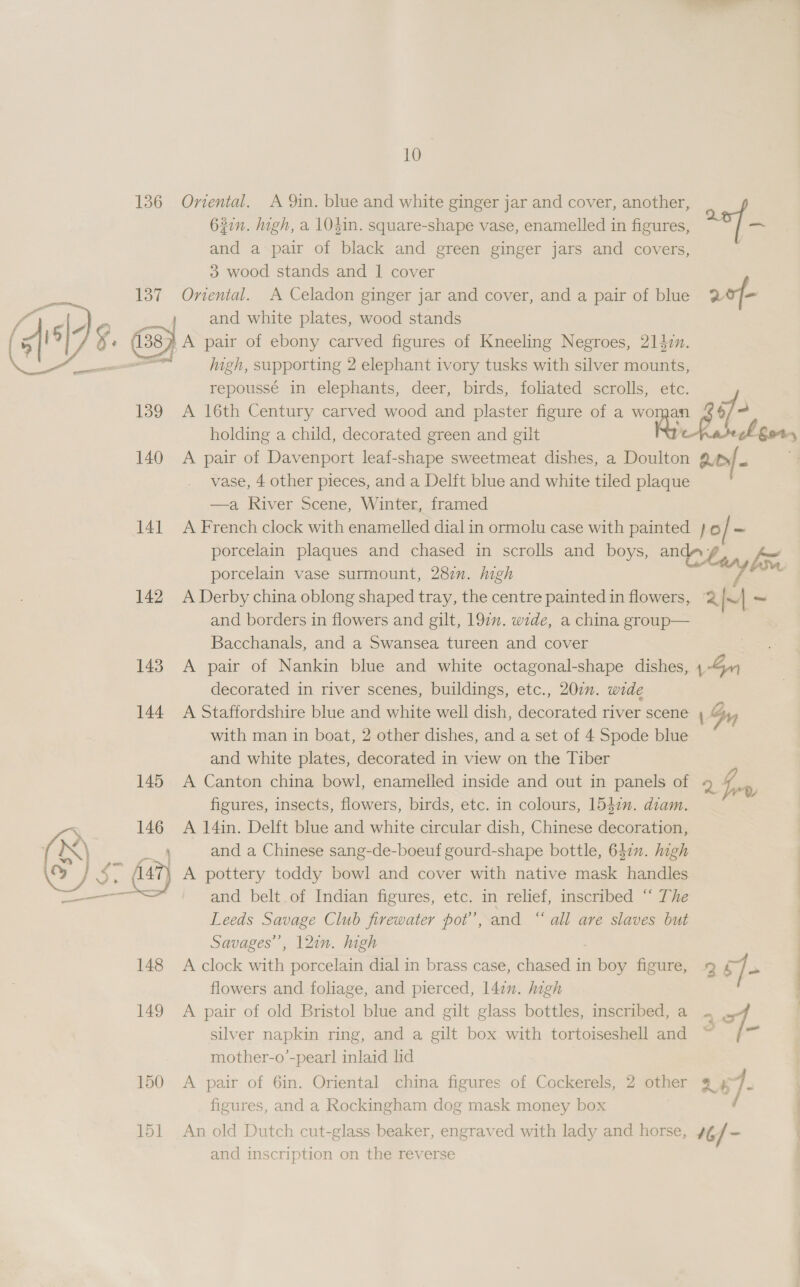 6z7n. high, a 104in. square-shape vase, enamelled in figures and a pair of black and green ginger jars and covers, 3 wood stands and I| cover 137 Oviental. A Celadon ginger jar and cover, and a pair of blue aof- | 5 and white plates, wood stands g, (38) A pair of ebony carved figures of Kneeling Negroes, 214zn. == - high, supporting 2 elephant ivory tusks with silver mounts, repoussé in elephants, deer, birds, foliated scrolls, etc. 139 &lt;A 16th Century carved wood and plaster figure of a woman if holding a child, decorated green and gilt ref ch bor 140 A pair of Davenport leaf-shape sweetmeat dishes, a Doulton Q¢s/. . vase, 4 other pieces, and a Delft blue and white tiled plaque —a River Scene, Winter, framed 141 A French clock with enamelled dial in ormolu case with painted }o/ = porcelain plaques and chased in scrolls and boys, andwm¥, porcelain vase surmount, 282. high c bm 142 A Derby china oblong shaped tray, the centre painted in flowers, 2 | wo and borders in flowers and gilt, 197. wide, a china group— Bacchanals, and a Swansea tureen and cover 143 A pair of Nankin blue and white octagonal-shape dishes, 1-4n decorated in river scenes, buildings, etc., 207. wide 144 A Staffordshire blue and white well dish, decorated river scene Gy with man in boat, 2 other dishes, and a set of 4 Spode blue and white plates, decorated in view on the Tiber 145 A Canton china bowl, enamelled inside and out in panels of 9 he Py figures, insects, flowers, birds, etc. in colours, 1537. diam. , 136 Oriental. A Qin. blue and white ginger jar and cover, another, m4 of  146 A 14in. Delft blue and white circular dish, Chinese decoration, (®) ae, and a Chinese sang-de-boeuf gourd-shape bottle, 647. high | no S$, {147 A pottery toddy bowl and cover with native mask handles — and belt. of Indian figures, etc. in relief, inscribed “‘ The Leeds Savage Club firewater pot’, and “all are slaves but Savages’, 12in. high | 148 A clock with porcelain dial in brass case, chased in boy figure, 9 c]. | flowers and foliage, and pierced, 1477. high 149 A pair of old Bristol blue and gilt glass bottles, inscribed, a_ .., of silver napkin ring, and a gilt box with tortoiseshell and ~ {™ mother-o’-pearl inlaid lid 150 A pair of 6in. Oriental china figures of Cockerels, 2 other 24 7- figures, and a Rockingham dog mask money box 151 An old Dutch cut-glass beaker, engraved with lady and horse, 16/- and inscription on the reverse