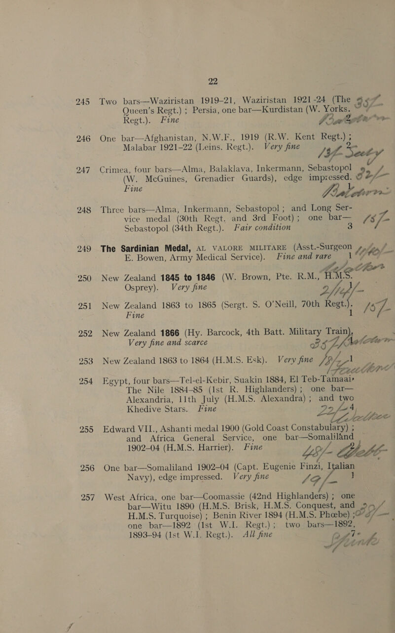 2950 251 252 253 254 259 256 257 22 Regt.). Fine Fine vice medal (30th Regt. Sebastopol (34th Regt.). ¥ edge impi Pe: v hae Fine and rare Osprey). Very fine Fine 2 fay Very fine and scarce Khedive Stars. [ine 1902-04 (H.M.S. Harrier). Fine Vig Be  1893-94 (Ist W.I. Regt.). All fine two bars—1892, bs 2 as “7° for ym ¢ f,