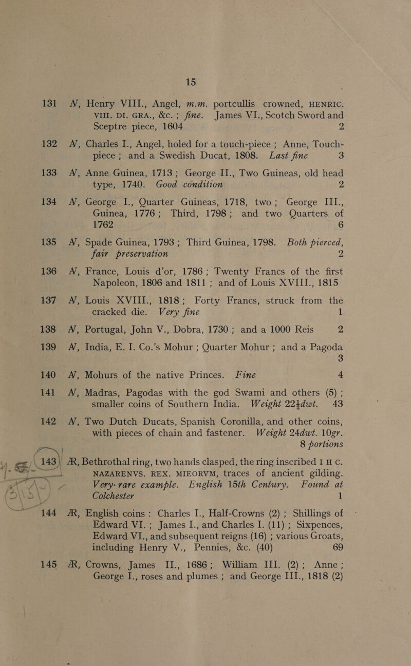 131 132 133 134 135 | Senen/ 143) ¢ + = ag a %) A \ he \ - = 15 Henry VIIL., Angel, m.m. portcullis crowned, HENRIC. VIII. DI. GRA., &amp;c.; fine. James VI., Scotch Sword and - Sceptre piece, 1604 2 Charles I., Angel, holed for a touch-piece ; Anne, Touch- piece ; and a Swedish Ducat, 1808. Last fine 3 Anne Guinea, 1713; George II., Two Guineas, old head type, 1740. Good condition 2 George I., Quarter Guineas, 1718, two; George IIL., Guinea, 1776; Third, 1798; and two Quarters of 1762 | 6 Spade Guinea, 1793 ; Third Guinea, 1798. Both pierced, fai preservation 2 France, Louis d’or, 1786; Twenty Francs of the first Napoleon, 1806 and 1811 ; and of Louis XVIII., 1815 Louis XVIII., 1818; Forty Francs, struck from the cracked die. Very fine 1 Portugal, John V., Dobra, 1730 ; and a 1000 Reis Z India, E. I. Co.’s Mohur ; Quarter Mohur ; and a Pagoda 3 Mohurs of the native Princes. Fine 4 Madras, Pagodas with the god Swami and others (5) ; smaller coins of Southern India. Weight 224dwt. 43 Two Dutch Ducats, Spanish Coronilla, and other coins, 8 portions NAZARENVS. REX. MIEORVM, traces of ancient gilding. Very- rare example. English 15th Century. Found at Colchester 1 145 Edward VI.; James I., and Charles I. (11) ; Sixpences, Edward VI., and subsequent reigns (16) ; various Groats, including Henry V., Pennies, &amp;c. (40) 69 Crowns, James II., 1686; William III. (2); Anne;