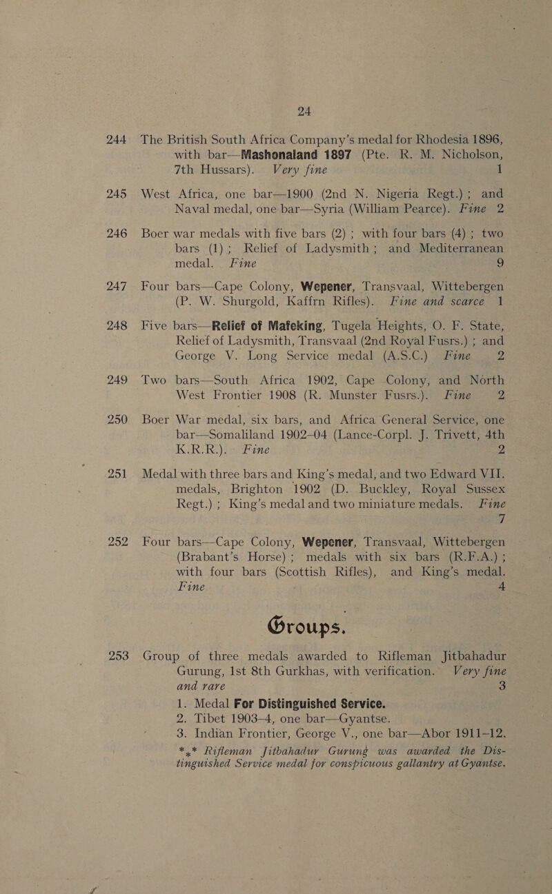 244 245 246 247 248 249 250 251 292 253 24 The British South Africa Company’s medal for Rhodesia 1896, with bar—Mashonaland 1897 (Pte. R. M. Nicholson, 7th Hussars). Very fine 1 West Africa, one bar—1900 (2nd N. Nigeria Regt.) ; and Naval medal, one bar—Syria (William Pearce). Fine 2 Boer war medals with five bars (2) ; with four bars (4) ; two bars (1); Relief of Ladysmith; and Mediterranean medal. Fine 9 Four bars—Cape Colony, Wepener, Transvaal, Wittebergen (P. W. Shurgold, Kaffrn Rifles). une and scarce 1 Five bars—Relief of Mafeking, Tugela Heights, O. F. State, Relief of Ladysmith, Transvaal (2nd Royal Fusrs.) ; and George. V.: Long Service medal {Aa CG) ene 2 Two bars—South Africa 1902, Cape Colony, and North West Frontier 1908 (R. Munster Fusrs.). Fane 2 Boer War medal, six bars, and Africa General Service, one bar—Somaliland 1902-04 (Lance-Corpl. J. Trivett, 4th TGR Rae ite Zz Medal with three bars and King’s medal, and two Edward VII. medals, Brighton 1902 (D.. Buckley, Royal Sussex Regt.) ; King’s medal and two miniature medals. Line 7 Four bars—Cape Colony, Wepener, Transvaal, Wittebergen (Brabant’s Horse); medals with six bars (R.F.A.) ; with four bars (Scottish Rifles), and King’s medal. Tine 4 Groups. Group of three medals awarded to Rifleman Jitbahadur Gurung, Ist 8th Gurkhas, with verification. Very fine and rare ; 3 1. Medal For Distinguished Service. 2. Tibet 1903-4, one bar—Gyantse. 3. Indian Frontier, George V., one bar—Abor 1911-12. ** Rifleman Jitbahadur Gurung was awarded the Dis- tinguished Service medal for conspicuous gallantry at Gyantse.