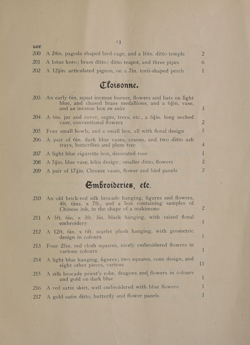 ZA/ a) A lotus koro; brass ditto; ditto teapot, and three pipes A 124in. articulated pigeon, on a Zin. torii-shaped perch Cloisonne. An early 6in. squat incense burner, flowers and bats on light blue, and chased brass medallions, and a 6}in. vase, and an incense box en suite A 6in. jar and cover, sages, trees, etc., a 641n. long necked vase, conventional flowers Four small bowls, and a small box, all with floral design A pair of 6in. dark blue vases, cranes, and two ditto ash trays, butterflies and plum tree A light blue cigarette box, decorated rose A 54in. blue vase, kiku design; smaller ditto, flowers Embrotderies, ete. Aft. 6ins. x 7ft., and a box containing samples of Chinese ink, in the shape of a makimono A 5ft. 6in. x 3ft. 3in. black hanging, with. raised floral embroidery A 12ft. 6in. x 6ft. scarlet plush hanging, with geometric design in colours 7 Four 25in. red cloth squares, nicely embroidered flowers in various colours A light blue hanging, figures; two squares, cone design, and eight other pieces, various A silk brocade priest’s robe, dragons and flowers in colours and gold on dark blue A red satin skirt, well embroidered with blue flowers A gold satin ditto, butterfly and flower panels aN No oe i)
