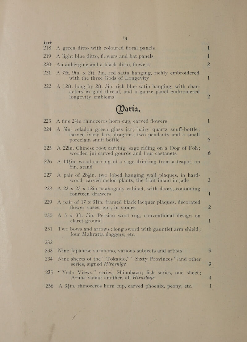 218 2s 220 ae ZeZ ZS 224 ade 226 227 228 papas) 230 14 A green ditto with coloured floral panels A light blue ditto, flowers and bat panels An aubergine and a black ditto, flowers A 7it.. 9in. x 2it. 3in. red Satin hanging, richly embroidered with the three Gods of Longevity A 12tt. long by 2ft. 3in. rich blue satin hanging, with char- acters in gold thread, and a gauze panel embroidered longevity emblems Marta, A fine 24in rhinoceros horn cup, carved flowers A, ) A 3in. celadon green glass jar; hairy quartz snuff-bottle; carved ivory box, dragons; two pendants and a small porcelain snuff bottle A 22in. Chinese root carving, sage riding on a Dog of Poh; wooden jui carved gourds and four castanets A 14$1n. wood carving of a sage drinking from a teapot, on 6in. stand A pair of 284in. two lobed hanging wall plaques, in hard- wood, carved melon plants, the fruit inlaid in jade A 23 x 23 x 12in. mahogany cabinet, with doors, containing fourteen drawers A pair of 17 x 3lin. framed black lacquer plaques, decorated A 5 x 3ft. 3in. Persian wool rug, conventional design on claret ground Two bows and arrows; long sword with gauntlet arm shield; four Mahratta daggers, etc. Nine Japanese surimono, various subjects and artists Nine sheets of the “ Tokaido,” “ Sixty Provinces ”jand other series, signed Hiroshige. “ Yedo, Vaews ” series, Shinobazu’; fish senes;sone Shee, Arima-yama; another, all Hiroshige A 34in. rhinoceros horn cup, carved phoenix, peony, etc. NO = — On