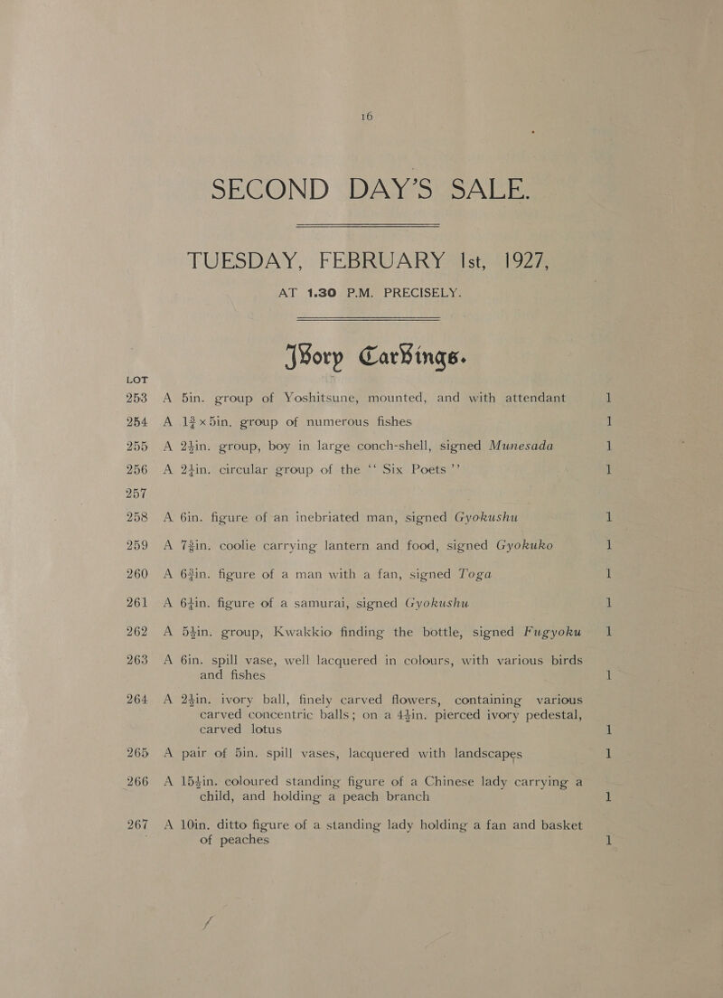 A SECOND DAY’S SALE. TUESDAY, FEBRUARY ise 1927 AT 1.30 P.M. PRECISELY. J¥orp Car¥ings. 5in. group of Yoshitsune, mounted, and with attendant 1$x5in. group of numerous fishes 24in. group, boy in large conch-shell, signed Munesada ,) 24in. circular group of the ‘‘ Six Poets 64in. figure of a samurai, signed Gyokushu 6in. spill vase, well lacquered in colours, with various birds and fishes 2$in. ivory ball, finely carved flowers, containing various carved concentric balls; on a 44in. pierced ivory pedestal, carved lotus pair of 5in. spill vases, lacquered with landscapes 154in. coloured standing figure of a Chinese lady carrying a child, and holding a peach branch 10in. ditto figure of a standing lady holding a fan and basket of peaches ee et