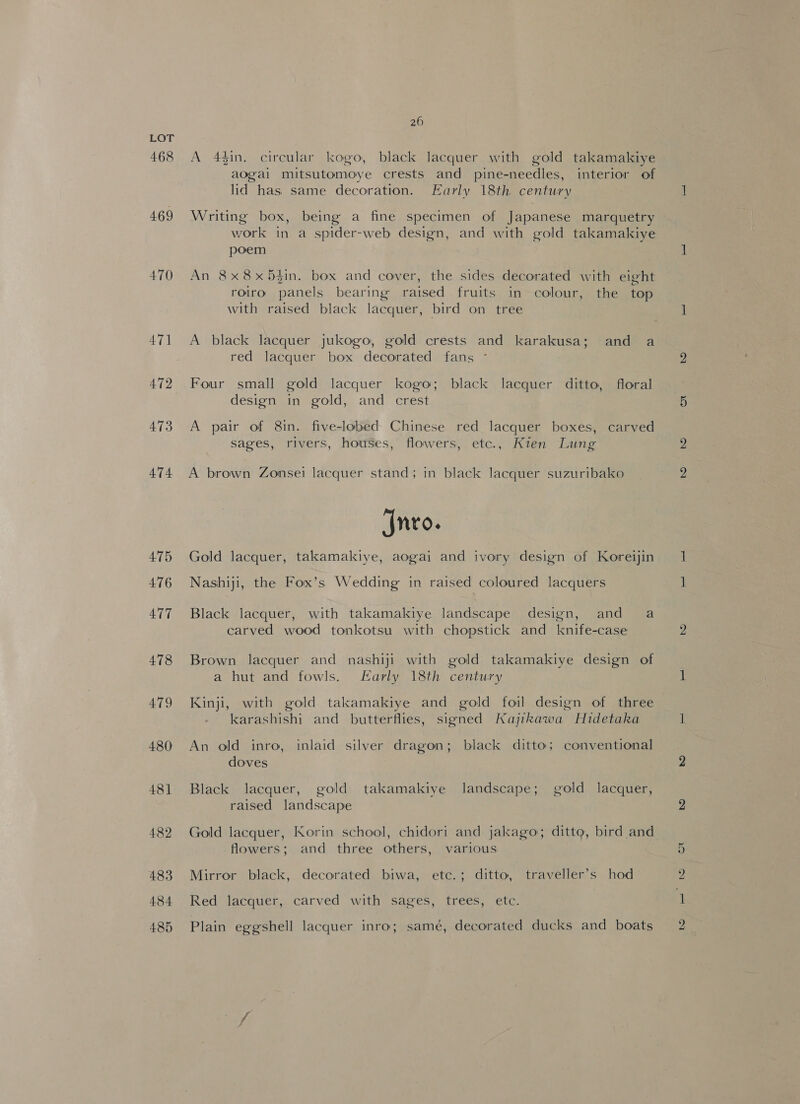 468 469 470 471 472 473 474 4.75 476 477 478 479 480 48] 482 483 484 26 A 44in, circular kogo, black lacquer with gold takamakiye aogai mitsutomoye crests and pine-needles, interior of lid has same decoration. Early 18th century Writing box, being a fine specimen of Japanese marquetry work in a spider-web design, and with gold takamakiye poem An 8x8x5$in. box and cover, the sides decorated with eight roiro panels bearing raised fruits in colour, the top with raised black lacquer, bird on tree A black lacquer jukogo, gold crests and karakusa; and a red lacquer box decorated fans - Four small gold lacquer kogo; black lacquer ditto, floral design in gold, and crest A pair of 8in. five-lobed Chinese red lacquer boxes, carved sages, rivers, houses, flowers, etc., Kien Lung A brown Zonsei lacquer stand; in black lacquer suzuribako nro. Gold lacquer, takamakiye, aogai and ivory design of Koreijin Nashiji, the Fox’s Wedding in raised coloured lacquers Black lacquer, with takamakiye landscape design, and a carved wood tonkotsu with chopstick and knife-case Brown lacquer and nashiji with gold takamakiye design of a hut and fowls. Early 18th century Kinji, with gold takamakiye and gold foil design of three karashishi and butterflies, signed Kajikawa Hidetaka An old inro, inlaid silver dragon; black ditto; conventional doves Black lacquer, gold takamakiye landscape; gold lacquer, raised landscape Gold lacquer, Korin school, chidori and jakago; ditto, bird and flowers; and three others, various Mirror black, decorated biwa, etc.; ditto, traveller’s hod Red lacquer, carved with sages, trees, etc. bo ee eS) | ey