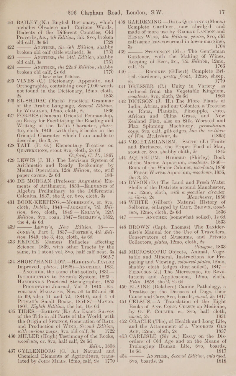 421 BAILEY (N.) English Dictionary, which includes Obsolete and Curious Words, Dialects of the Different Counties, Old 422 423 425 426 427 428 429 430 431 432 433 434 436 437 old calf, 3s 6d 1728 ANoTHER, the 6th Edition, shabby broken old calf (title stained), 3s 1733 ANOTHER, the 14th Hdition, shabby old calf, 3s 1751 ANOTHER, the 22nd Hdition, shabby broken old calf, 2s 6d 1770 I have other Editions. VINES (C.) Dictionary, Appendix, and Orthographie, containing over 7.000 words not found in the Dictionary, 12mo, cloth, 2s 18538 EL-SHIDAC (Faris) Practical Grammar of the Arabic Language, Second Hdition, by Wiu.iamMs, 12mo, cloth, 2s 1866 FORBES (Duncan) Oriental Penmanship, an Kssay for Facilitating the Reading and Writing of the Talk Character, plates, 4to, cloth, 1849—with this, 2 books in the Oriental Character which I am unable to describe, the 3, 5s TAIT. (P. G.) Elementary Treatise on QUATERNIONS, stout 8vo, cloth, 2s 6d Oxford, C. P., 1867 LEWIS (J. H.) The Lewisian System of Arithmetic and Ready Reckoning by Mental Operation, 12th Hdition, 4to, stiff paper covers, 2s 6d 183- DE MORGAN (Professor Augustus) Ele- ments of Arithmetic, 1853—ELEMENTs of Algebra Preliminary to the Differential Calculus, 1837, the 2, cr. 8vo, cloth, 3s BOOK-KEEPING.—Morrison’s, cr. 8vo, cloth, Dublin, 1843—Jackson’s, 7th Hdbi- tion, 8vo, cloth, 1849 — KELLY’s, 12th Hdition, 8vo, roan, 1847—SHERIFF’s, 1852, the 4, 4s 6d Lewis's, New Edition, 18—— JONES'S, Part 1, 1837—Fostmr’s, 4th Hdi- tion, 1849, the 3, 4to, cloth, 4s 6d REDDIE (James) Fallacies affecting Science, 1862, with other Tracts by the same, in 1 stout vol, 8vo, half calf neat, 3s 1862-7 SHORTHAND LOT.— Harpina’s Taytor Improved, plates, (1828)—ANoTHER, 1831 —ANOTHER, the same (but soiled), 1831— InrRopuUcTION to Byron’s System, 1825— HAmMonv’s Practical Stenographer, 1855 —Puonoryric Journal, Vol 2, 1843—Res- PORTERS’ MAGAZINE, Nos. 50 to 62 and 66 to 69,*also 71 and 72, 1884-6, and 4 of Pirman’s Small Books, 1854-87—Mavor, 1807, Highth Edition, the lot, 10s 6d TIDES.—Bartow (E.) An Exact Survey of the Tide in all Parts of the World, with the Origin of Sprinas, Generation of RAIN, and Production of Winp, Second Edition, with curious maps, 8vo, old calf, 3s 1722 MILLER (Hugh) Testimony of the Rocks, woodcuts, cr. 8vo, half calf, 2s 6d EHdin., 1858 GYLLENBORG (G. A.) Natural and Chemical Elements of Agriculture, trans- lated by Joun MILs, 12mo, calf, 2s 1770     438 439 440 441 442 445 449 454. aly GARDENING. —Dz LA QUINTINYE (Mons.) Complete Gard’ner, now abridg’d and made of more use by GEORGE LANDON and Henry Wiss, 4th Hdition, plates, 8vo, old calf (some leaves wormed in lower margins), 38 1704 Srmvenson (Mr.) The Gentleman Gardener, with the Making of Wines, Keeping of Bees, &amp;c., 7th Hdition, 12mo, calf, 2s 1766 — Brookes (Gilbert) Complete Bri- . tish Gardener, pretty front., 12mo, sheep, 2s 1779 DRESSER (C.) Unity in Variety as deduced from the Vegetable Kingdom, woodcuts, 8vo, cloth, 2s 6d 1860 DICKSON (J. H.) The Fibre Plants of India, Africa, and our Colonies, a Treatise on Rhua, Plantain, Pineapple, Jute, African and China Grass, and New Zealand Flax, also on Silk, Worsted and Flax Spinning Machinery, presentation copy, 8vo, calf, gilt edges, has the ex-libris of Wm. McArthur, 48 (1865) VEGETARIANISM.—Smirn (J.) Fruits and Farinacea the Proper Food of Man, stout cr. 8vo, shabby cloth, 2s 1845 AQUARIUM.—HispseErp (Shirley) Book of the Marine Aquarium, woodcuts, 1860— Boox of the Water Cabinet, woodcuts, 1856 —FreEsH WATER Aquarium, woodcuts, 1856, the 3, 2s DYSON (D.) The Land and Fresh Water Shells of the Districts around Manchester, sm. 12mo, cloth, with a peculiar circular ex-libris, 2s Manchester, 1850 WHITE (Gilbert) Natural History of Selborne, enlarged by Capt. Brown, wood- cuts, 12mo, cloth, 2s 6d 1836 ANOTHER (Somewhat soiled), ls 6d 1833 BROWN (Capt. Thomas) The Taxider- mist’s Manual for the Use of Travellers, Conservators of Museums, and Private Collectors, plates, 12mo, cloth, 2s Glasgow, 1833 MICROSCOPIC Objects, Animal, Vege- table and Mineral, Instructions for Pre- paring and Viewing, coloured plates, 12mo, shabby cloth (edges dust-soiled), 1847— Frrcuson (J.) The Microscope, its Revo- lutions and Applications, 12mo, cloth, Hdin.. 1858, the 2, 2s 6d BLAINE (Delabere) Canine Pathology, a Treatise on the Diseases of Dogs, their Cause and Cure, 8vo, boards, wrcut, 2s 1817 CELSUS.—A Translation of the Hight Books of Ant. Corn. CeLsus on Medicine,    uncut, 2s 1831 ORACLE (The), of Health and Long Life, and the Attainment of a Vigorous OLD AGE, 12mo, cloth, 2s 1837 CARLISLE (Sir A.) Essay on the Dis- orders of Old Age and on the Means of Prolonging Human Life, 8vo, boards, ls 6d 1817 AnotTuER, Second Edition, enlarged, 8vo, boards, 2s 1818 