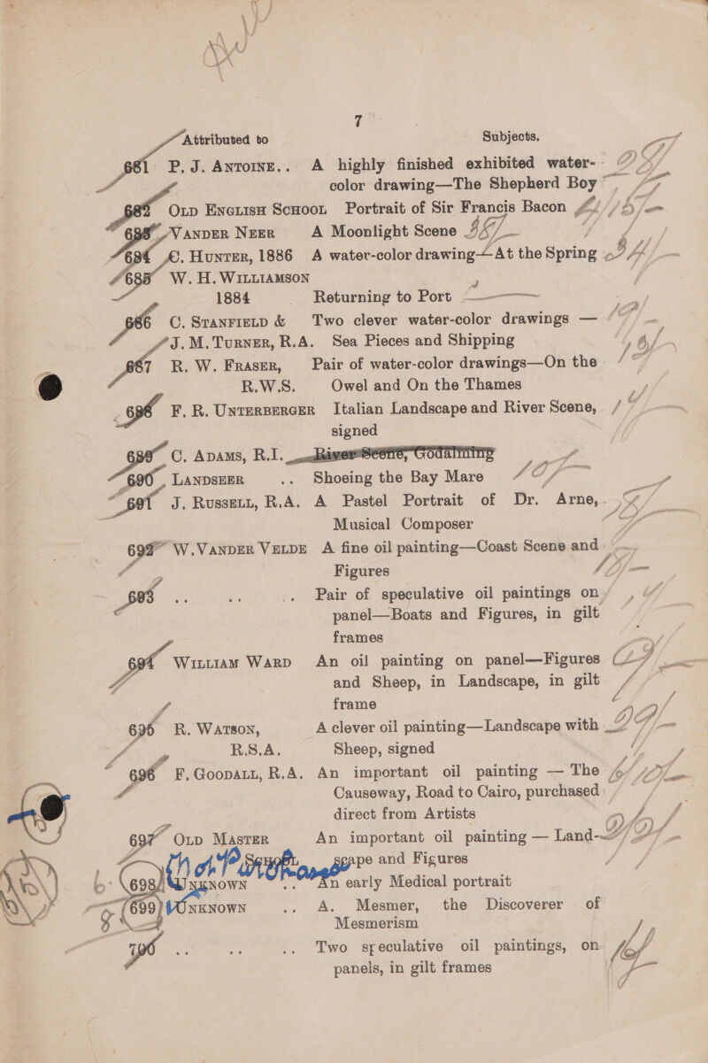 Attributed to : | Subjects, =, fo J. Anrorns.. A highly finished exhibited water-- “7 > color drawing—The Shepherd Boy ~ | fF pet ou EnerisH Scoot Portrait of Sir Francis Bacon y 4, 7 Vb, y fae A Moonlight Scene _ $ é  r) t/ ra  ee C. Apams, R.I._.cRimem@eene, COdaninine ae “600, LANDSEER * Shosing the Bay Mare 4 fe.  J. Russet, R.A. A Pastel Portrait of Dr. Arne,. 7 4aa4 ee fr. m_ ¢ I  Musical Composer , 69a W.VANDER VELDE A fine oil painting—Coast Scene and»... ; Figures Z ae 4 -, i. _, Pair of speculative oil paintings on, / 7 panel—Boats and Figures, in gilt, frames f } sof WitiaM Warp An oil painting on panel—Figures Zs, I | att Yo and Sheep, in Landscape, in gilt P.: i f/ frame A re 696 R. WATSON, A clever oil painting— Landscape with 7 7/ I, R.S.A. Sheep, signed y J 4 696 F,Goopatt, R.A. An important oil painting — The / Ci 4 Causeway, Road to Cairo, te hy, ke direct from Artists Yo) ff 697 OLD oan An important oil painting — Land- fT 7 hen thot pe and Figures b: (698) ad : n early Medical portrait a 609} NKNOWN _, A. Mesmer, the Discoverer . of Mesmerism ra . .. Two speculative oil paintings, on. W, paneis, in gilt frames  es Y