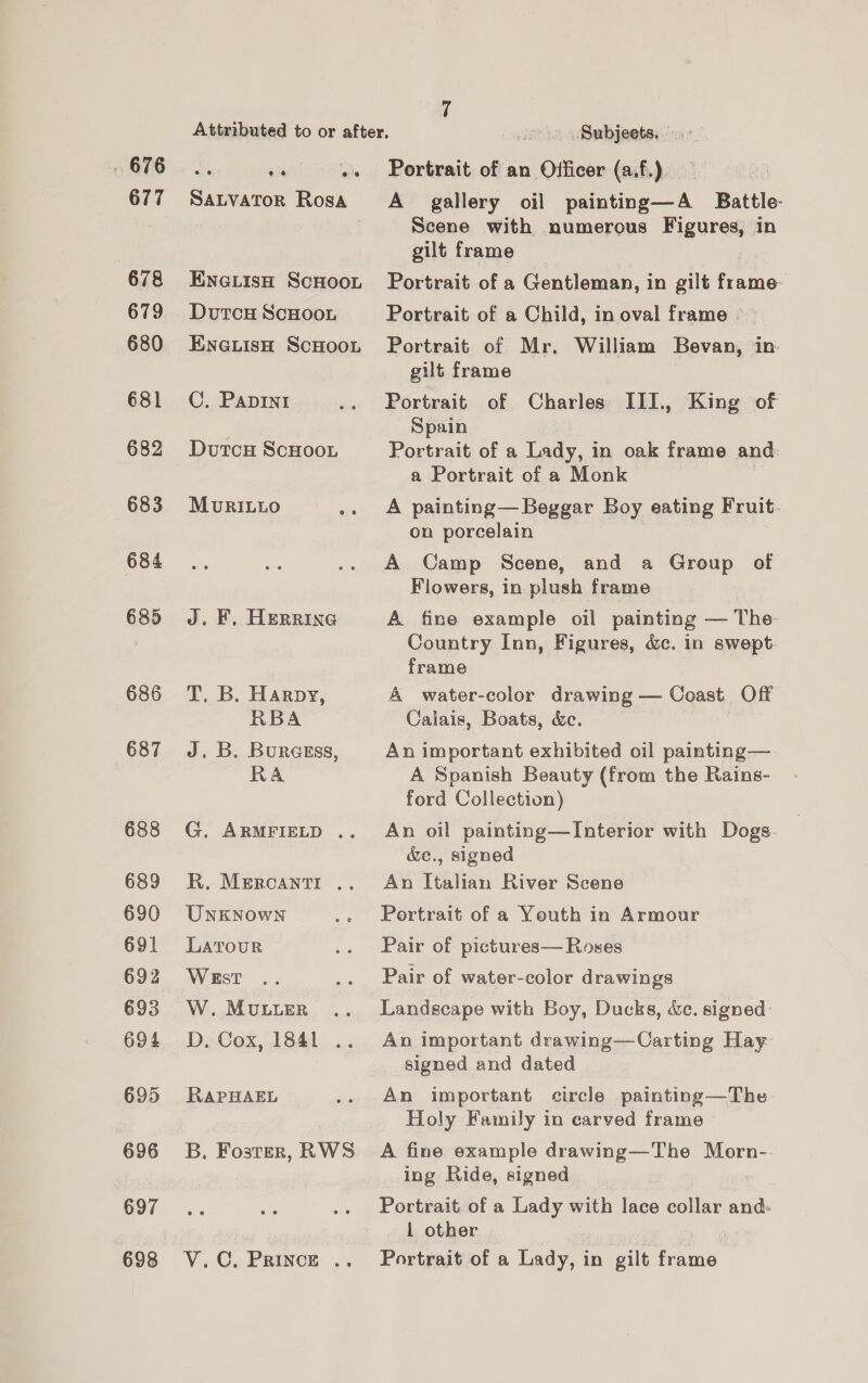 . 676 677 678 679 680 681 682 683 684 685 686 687 688 689 690 691 693 694 695 696 697 698 ee ® @ SALVATOR Rosa ENGLISH ScHOOL Dutcu ScHoou ENGuLisH ScHoo, C. PADINI DutcH ScHooL MUvRILLO J. F. HERRING T, B. Harpy, RBA J. B. Burgess, RA G. ARMFIELD .. R. MERCANTI .. UnkNown LaTouR WEsT W. MULLER D. Cox, 1841 .. RAPHAEL B, Foster, RWS VC, Prince «.. Portrait of an Officer (a.f.) A gallery oil painting—A _ Battle- Scene with numerous Figures, in gilt frame | Portrait of a Gentleman, in gilt frame- Portrait of a Child, in oval frame | Portrait of Mr. William Bevan, in. gilt frame Portrait of Charles III., King of Spain Portrait of a Lady, in oak frame and: a Portrait of a Monk A painting— Beggar Boy eating Fruit. on porcelain A Camp Scene, and a Group of Flowers, in plush frame A fine example oil painting — The Country Inn, Figures, &amp;c. in swept. frame A water-color drawing — Coast Off Calais, Boats, &amp;e. An important exhibited oil painting— A Spanish Beauty (from the Rains- ford Collection) An oil painting—lInterior with Dogs &amp;e., signed An Italian River Scene Portrait of a Youth in Armour Pair of pictures— Roses Pair of water-color drawings Landscape with Boy, Ducks, &amp;c. signed: An important drawing—Carting Hay. signed and dated An important circle painting—The Holy Family in carved frame A fine example drawing—The Morn- ing Ride, signed Portrait of a Lady with lace collar and: L other | . Portrait of a Lady, in gilt frame