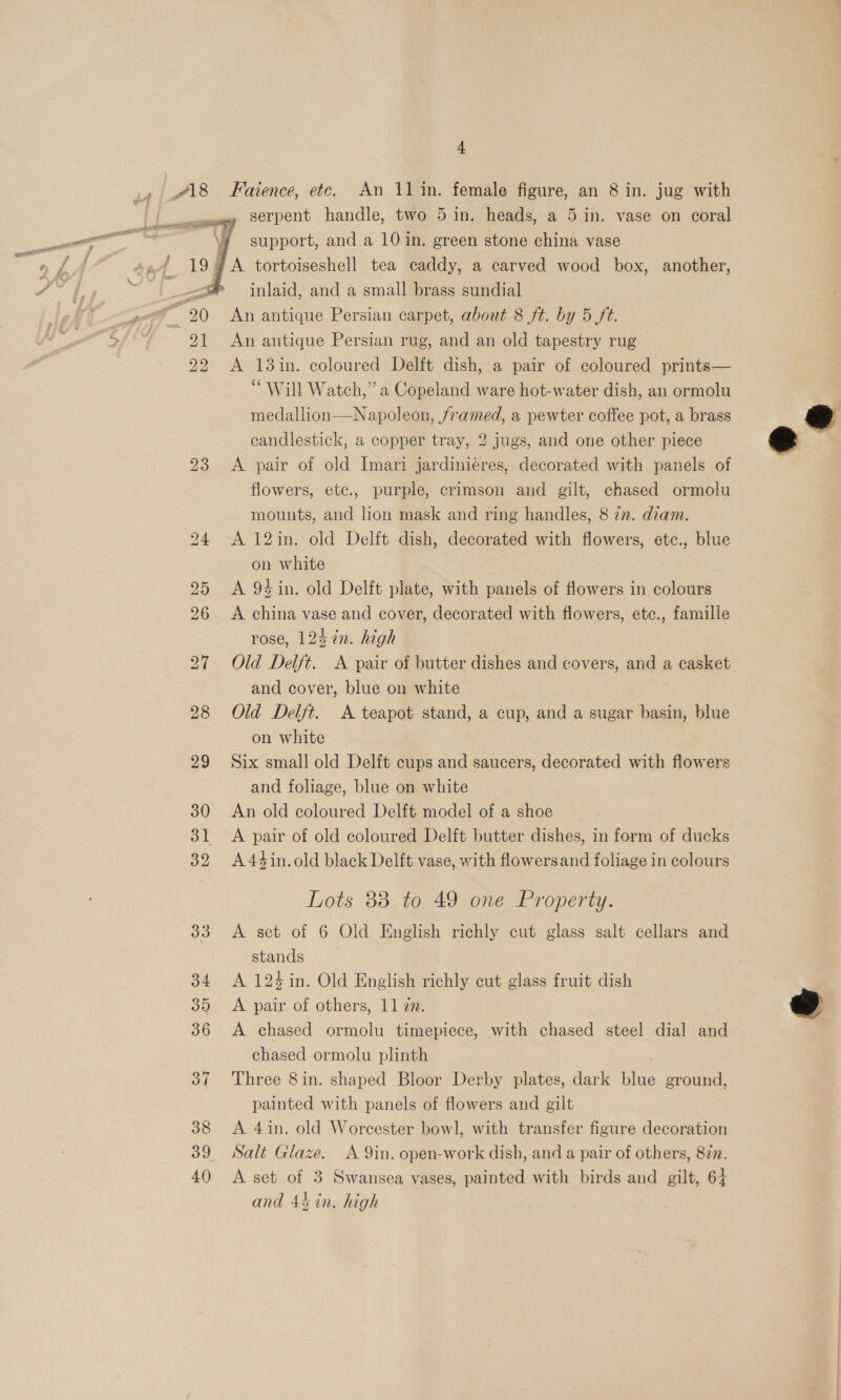 iA AA\8 23   4 Faience, etc. An 11 in. female figure, an 8 in. jug with serpent handle, two 5 in. heads, a 5 in. vase on coral support, and a 10 in. green stone china vase inlaid, and a small brass sundial An antique Persian carpet, about 8 ft. by 5 ft. An antique Persian rug, and an old tapestry rug A 13in. coloured Delft dish, a pair of coloured prints— “Will Watch,” a Copeland ware hot-water dish, an ormolu medallion—Napoleon, framed, a pewter coffee pot, a brass candlestick, a copper tray, 2 jugs, and one other piece A pair of old Imari jardiniéres, decorated with panels of flowers, ete., purple, crimson and gilt, chased ormolu mounts, and lion mask and ring handles, 8 77. diam. A 12in. old Delft dish, decorated with flowers, etc., blue on white A 94 in. old Delft plate, with panels of flowers in colours A china vase and cover, decorated with flowers, etc., famille rose, 124 7n. high Old Delft. A pair of butter dishes and covers, and a casket and cover, blue on white Old Delft. A teapot stand, a cup, and a sugar basin, blue on white Six small old Delft cups and saucers, decorated with flowers and foliage, blue on white An old coloured Delft model of a shoe A pair of old coloured Delft butter dishes, in form of ducks A44in.old black Delft vase, with flowersand foliage in colours Lots 88 to 49 one Property. A. set of 6 Old English richly cut glass salt cellars and stands A 124 in. Old English richly cut glass fruit dish A pair of others, 11 7. A chased ormolu timepiece, with chased steel dial and chased ormolu plinth , Three 8in. shaped Bloor Derby plates, dark blue ground, painted with panels of flowers and gilt A 4in. old Worcester bowl, with transfer figure decoration Salt Glaze. A 9in. open-work dish, and a pair of others, 877. A set of 3 Swansea vases, painted with birds and gilt, 64 and 4 in. high  