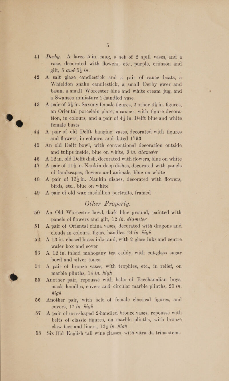  4] 43 55 56 57 58 5 Derby. A large 5in. mug, a set of 2 spill vases, and a vase, decorated with flowers, etc., purple, crimson and gilt, 5 and 5% in. A salt glaze candlestick and a pair of sauce boats, a Whieldon snake candlestick, a small Derby ewer and basin, a small Worcester blue and white cream jug, and a Swansea miniature 2-handled vase A pair of 54 in. Saxony female figures, 2 other 44 in. figures, an Oriental porcelain plate, a saucer, with figure decora- tion, in colours, and a pair of 44 in. Delft blue and white female busts A pair of old Delft hanging vases, decorated with figures and flowers, in colours, and dated 1793 An old Delft bowl, with conventional decoration outside and tulips inside, blue on white, 972. diameter A 12in. old Delft dish, decorated with flowers, blue on white A pair of 114 in. Nankin deep dishes, decorated with panels of landscapes, flowers and animals, blue on white A pair of 134in. Nankin dishes, decorated with flowers, birds, etc., blue on white A pair of old wax medallion portraits, framed Other Property. An Old Worcester bowl, dark blue ground, painted with panels of flowers and gilt, 12 7n. diameter A pair of Oriental china vases, decorated with dragons and clouds in colours, figure handles, 24 an. high wafer box and cover A 12 in. inlaid mahogany tea caddy, with cut-glass sugar bowl and silver tongs A pair of bronze vases, with trophies, etc., in relief, on marble plinths, 14 7. high Another pair, repoussé with belts of Bacchanalian boys, mask handles, covers and circular marble plinths, 20 zn. high Another: pair, with belt of female classical figures, and covers, 17 22. high A pair of urn-shaped 2-handled bronze vases, repoussé with belts of classic figures, on marble plinths, with bronze claw feet and liners, 134 in. high Six Old English tall wine glasses, with vitra da trina stems