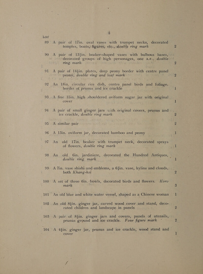 89 90 ot 92 93 94 99 100 101 102 103 104 rat 28 A pair of 17in. oval vases with trumpet necks, decorated temples, boats, figures, etc., double ring mark A pair of 133in. beaker-shaped vases with bulbous bases, decorated groups of high personages, one A.F., double. | ring mark Gs 2 RE A pair of 14$in. plates, deep peony border with centre panel peony, double ring and leaf mark ~ | An 18in, circular rice dish, centre panel birds and foliage, border. of prunus and ice crackle : Cover A pair of small ginger jars with original covers, prunus and ice crackle, double ring mark A similar pair A 13in. oviform jar, decorated bamboo and peony An old 17in. beaker with trumpet neck, decorated sprays of flowers, double ring mark An old. 6in. jardiniere, decorated the Hundred Antiques, double ring, mark : A Tin, vase shishi and emblems, a 63in. vase, kylins and clouds, both Khang-hs1 A set of three 6in.: bowls, decorated birds and flowers. Koro mark ! An old blue and white water vessel, shaped as a Chinese woman An old 84in. ginger jar, carved wood cover and.stand, deco- rated children and landscape in panels A» pair of. 8$in. ginger jars and covers, panels of utensils, prunus ground and ice crackle. Four figure mark A 44in. ginger jar, prunus and ice crackle, wood stand and cover