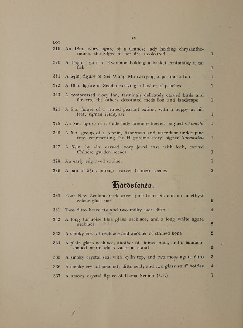 319 22 An 18in. ivory figure of a Chinese lady holding chrysanthe- mums, the edges of her dress coloured A 15$in. figure of Kwannon holding a basket containing a tai fish A 64in. figure of Sei Wang Mu carrying a jui and a fan A 10in. figure of Seiobo carrying a basket of peaches A compressed ivory fan, terminals delicately carved birds and flowers, the others decorated medallion and landscape A 5in. figure of a seated peasant eating, with a puppy at his feet, signed Hideyuki A 5in. group of a tennin, fisherman and attendant under pine tree, representing the Hagoromo story, signed Sanemitsu A 5#in. by 4in. carved ivory jewel case with lock, carved Chinese garden scenes An early engraved cabinet A pair of 54in. pitongs, carved Chinese scenes DHardstones, Four New Zealand dark green jade bracelets and an amethyst colour glass pot : | Two ditto bracelets and two milky jade ditto A long turjuoise blue glass necklace, and a long white agate necklace | A smoky crystal necklace and another of stained bone A plain glass necklace, another of stained nuts, and a bamboo- shaped white glass vase on stand A smoky crystal seal with kylin top, and two moss agate ditto A smoky crystal pendant; ditto seal; and two glass snuff bottles A smoky erystal figure of Gama Sennin (A.F.) — me ©