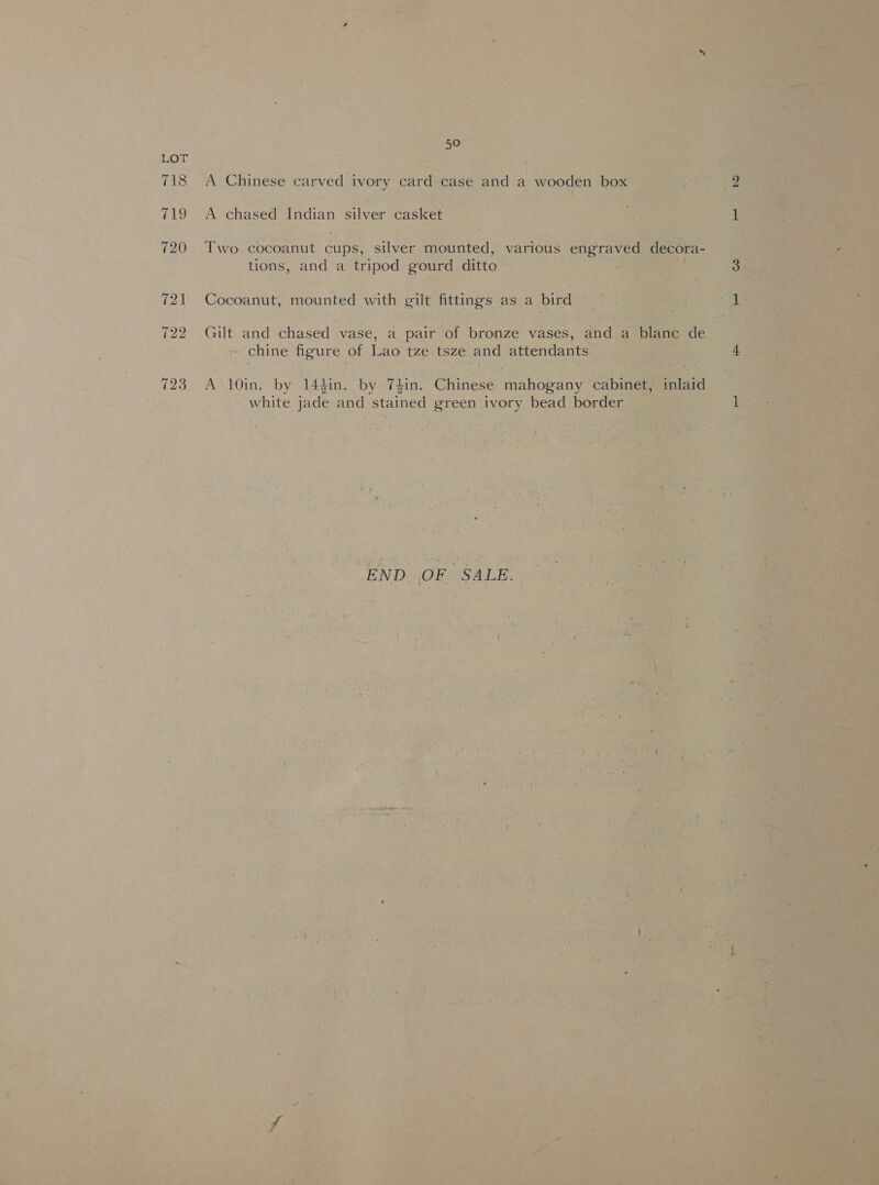 HOF. A Chinese carved ivory card:case and a wooden box A chased Indian silver casket Two cocoanut cups, silver mounted, various engraved decora- tions, and a tripod gourd ditto Cocoanut, mounted with gilt fittings as a bird Gilt and chased vase, a pair of bronze vases, and a blanc de chine figure of Lao tze tsze and attendants A 10in. by 144in. by 74in. Chinese mahogany cabinet, inlaid white jade and stained green ivory bead border END OF SALE.