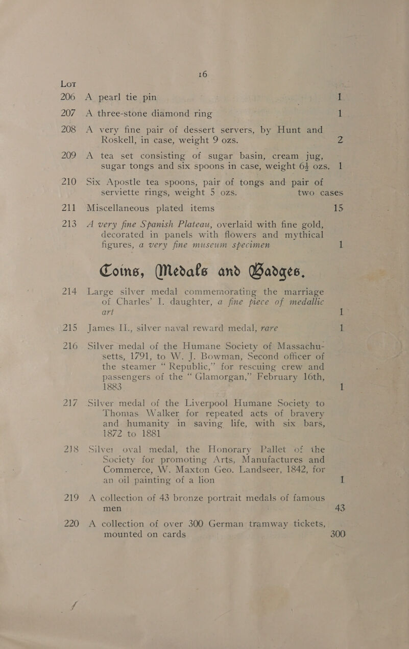 Lot 206 207 208 209 210 211 Zi 214 2bb 216 eae 220 A pearl tie pin A three-stone diamond ring A very fine pair of dessert servers, by Hunt and Roskell, in case, weight 9 ozs. A tea set consisting of sugar basin, cream jug, 2 Six Apostle tea spoons, pair of tongs and pair of Miscellaneous plated items A very fine Spanish Plateau, overlaid with fine gold, decorated in panels with flowers and mythical figures, a very fine museum specimen Coins, Medals and GWadaes, Large silver medal commemorating the marriage of Charles’ I. daughter, a fine frece of medallic art James II., silver naval reward medal, rare Silver medal of the Humane Society of Massachu- setts, 1791, to W. J. Bowman, Second officer of the steamer “ Republic,” for rescuing crew and passengers of the “ Glamorgan,” February 16th, 1883 Silver medal of the Liverpool Humane Society to Thomas. Walker for repeated acts of bravery and humanity in saving life, with six bars, 1872 to 1881 silver’ oval “medal, the. Honorary @ealet, oo Society for promoting Arts, Manufactures and Commerce, W. Maxton Geo. Landseer, 1842, for an oil painting of a lion A collection of 43 bronze portrait medals of famous men A collection of over 300 German tramway tickets, mounted on cards 15 300: