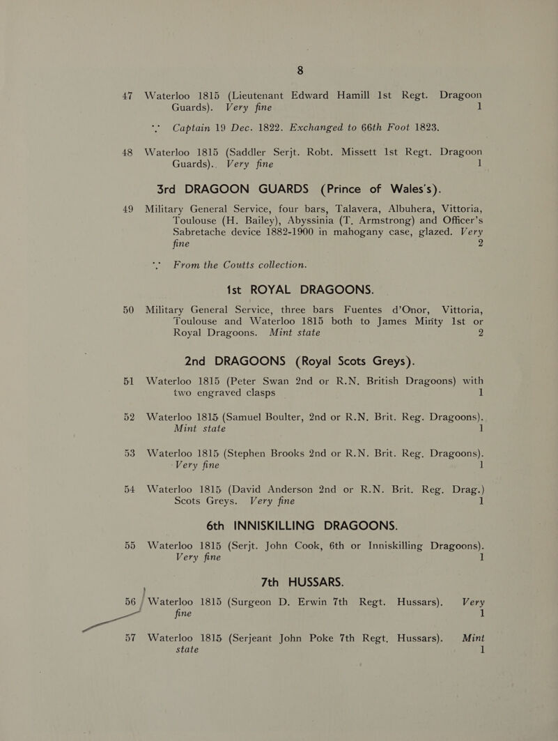 47 48 49 50 Bl 55 56 57 8 Waterloo 1815 (Lieutenant Edward Hamill Ist Regt. Dragoon Guards). Very fine 1 Captain 19 Dec. 1822. Exchanged to 66th Foot 1823. Waterloo 1815 (Saddler Serjt. Robt. Missett Ist Regt. Dragoon Guards).. Very fine 1 3rd DRAGOON GUARDS (Prince of Wales's). Military General Service, four bars, Talavera, Albuhera, Vittoria, Toulouse (H. Bailey), Abyssinia (T, Armstrong) and Officer’s Sabretache device 1882-1900 in mahogany case, glazed. Very fine 2 From the Coutts collection. ist ROYAL DRAGOONS. Military General Service, three bars Fuentes d’Onor, Vittoria, Toulouse and Waterloo 1815 both to James Mirty Ist or Royal Dragoons. Mint state 2 2nd DRAGOONS (Royal Scots Greys). Waterloo 1815 (Peter Swan 2nd or R.N. British Dragoons) with two engraved clasps 1 Waterloo 1815 (Samuel Boulter, 2nd or R.N. Brit. Reg. Dragoons). Mint state ] Waterloo 1815 (Stephen Brooks 2nd or R.N. Brit. Reg. Dragoons). ‘Very fine ] Waterloo 1815 (David Anderson 2nd or R.N. Brit. Reg. Drag.) Scots Greys. Very fine 1 6th INNISKILLING DRAGOONS. Waterloo 1815 (Serjt. John Cook, 6th or Inniskilling Dragoons). Very fine 1 7th HUSSARS. fine 1 Waterloo 1815 (Serjeant John Poke 7th Regt. Hussars). Mint state 1