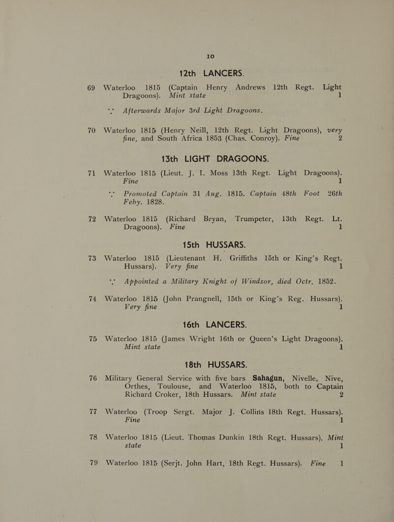 69 70 71 72 13 74 15 76 77 78 19 Io 12th LANCERS. Waterloo 1815 (Captain Henry Andrews 12th Regt. Light Dragoons). Mint state 1 Afterwards Major 3rd Light Dragoons. Waterloo 1815 (Henry Neill, 12th Regt. Light Dragoons), very fine, and South Africa 1853 (Chas. Conroy). Fine 2 13th LIGHT DRAGOONS. Waterloo 1815 (Lieut. J. I. Moss 13th Regt. Light Dragoons). Fine 1 Promoted Captain 31 Aug. 1815. Captain 48th Foot 26th Feby. 1828. Waterloo 1815 (Richard Bryan, Trumpeter, 13th Regt. Lt. Dragoons). Fine 1 15th HUSSARS. Waterloo 1815 (Lieutenant H. Griffiths 15th or King’s Regt. Hussars). Very fine 1 Appointed a Military Knight of Windsor, died Octr, 1852. Waterloo 1815 (John Prangnell, 15th or King’s Reg. Hussars). Very fine 1 16th LANCERS. Waterloo 1815 (James Wright 16th or Queen’s Light Dragoons). Mint state 1 18th HUSSARS. Military General Service with five bars Sahagun, Nivelle, Nive, Orthes, Toulouse, and Waterloo 1815, both to Captain Richard Croker, 18th Hussars. Munt state Waterloo (Troop Sergt. Major J. Colliris 18th Regt. Hussars). Fine 1 Waterloo 1815 (Lieut. Thomas Dunkin 18th Regt. Hussars), Mint state 1 Waterloo 1815 (Serjt. John Hart, 18th Regt. Hussars). Fine 1