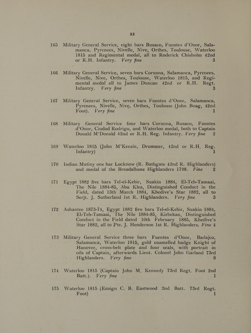 166 167 168 169 170 171 172 173 174 22 Military General Service, eight bars Busaco, Fuentes d’Onor, Sala- manca, Pyrenees, Nivelle, Nive, Orthes, Toulouse, Waterloo i815 and Regimental medal, all to Roderick Chisholm 42nd or R.H. Infantry. Very fine 3 Military General Service, seven bars Corunna, Salamanca, Pyrenees, Nivelle, Nive, Orthes, Toulouse, Waterloo 1815, and Regi- mental medal all to James Duncan 42nd or R.H. Regt. Infantry. Very fine 3 Military General Service, seven bars Fuentes d’Onor, Salamanca, Pyrenees, Nivelle, Nive, Orthes, Toulouse (John Boag, 42nd Foot). Very fine 1 Military General Service four bars Corunna, Busaco, Fuentes d’Onor, Ciudad Rodrigo, and Waterloo medal, both to Captain Donald M’Donald 42nd or R.H. Reg. Infantry. Very fine 2 Waterloo 1815 (John M’Kenzie, Drummer, 42nd or R.H, Reg. Infantry) 1 Indian Mutiny one bar Lucknow (R. Bathgate 42nd R. Highlanders) and medal of the Breadalbane Highlanders 1798. Fine 2 Egypt 1882 five bars Tel-el-Kebir, Suakin 1884, El-Teb-Tamaai, The Nile 1884-85, Abu Klea, Distinguished Conduct in the Field, dated 13th March 1884, Khedive’s Star 1882, all to Serjt. J. Sutherland Ist R. Highlanders. Very fine 3 Ashantee 1873-74, Egypt 1882 five bars Tel-el-Kebir, Suakin 1884, El-Teb-Tamaai, The Nile 1884-85, Kirbekan, Distinguished Conduct in the Field dated 10th February 1885, Khedive’s Star 1882, all to Pte. J. Henderson Ist R. Highlanders. Fine 4 Military General Service three bars Fuentes d’Onor, Badajoz, Salamanca, Waterloo 1815, gold enamelled badge Knight of Hanover, cross-belt plate and four seals, with portrait in oils of Captain, afterwards Lieut. Colonel John Garland 73rd Highlanders. Very fine 8 Waterloo 1815 (Captain John M, Kennedy 73rd Regt. Foot 2nd Batt.). Very fine 1 Waterloo 1815 (Erisign C. B. Eastwood 2nd Batt. 73rd Regt. Foot) 1
