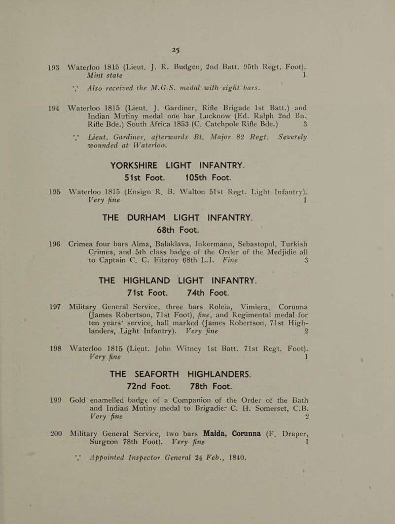 193 194 195 196 197 199 200 25 Waterloo 1815 (Lieut. J. R. Budgen, 2nd Batt. 95th Regt. Foot). Mint state 1 Also received the M.G.S. medal with eight bars. Waterloo 1815 (Lieut. J. Gardiner, Rifle Brigade Ist Batt.) and Indian Mutiny medal ore bar Lucknow (Ed. Ralph 2nd Bn. Rifle Bde.) South Africa 1853 (C. Catchpole Rifle Bde.) 3 Lieut. Gardiner, afterwards Bt. Major 82 Regt. Severely wounded at Waterloo. YORKSHIRE LIGHT INFANTRY. 51st Foot. 105th Foot. Waterloo 1815 (Ensign R, B. Walton 51st Regt. Light Infantry). Very fine 1 THE DURHAM LIGHT INFANTRY. 68th Foot. Crimea four bars Alma, Balaklava, Inkermann, Sebastopol, Turkish Crimea, and 5th class badge of the Order of the Medjidie all to Captain C, C. Fitzroy 68th L.I. Fine 3 THE HIGHLAND LIGHT INFANTRY. 71st Foot. 74th Foot. Military General Service, three bars Roleia, Vimiera, Corunna (James Robertson, 71st Foot), fine, and Regimental medal for ten years’ service, hall marked (James Robertson, 71st High- landers, Light Infantry). Very fine 2 Waterloo 1815 (Lieut. John Witney Ist Batt. 71st Regt. Foot). Very fine 1 THE SEAFORTH HIGHLANDERS. 72nd _ Foot. 78th Foot. Gold enamelled badge of a Companion of the Order of the Bath and Indiari Mutiny medal to Brigadier C. H. Somerset, C.B. Very fine 2 Military General Service, two bars Maida, Corunna (F. Draper, Surgeon 78th Foot). Very fine Appointed Inspector General 24 Feb., 1840.