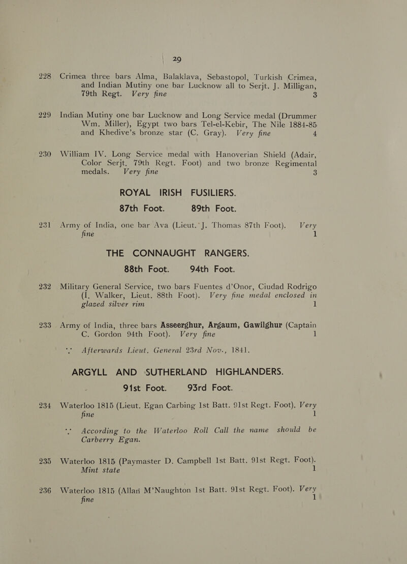 228 Crimea three bars Alma, Balaklava, Sebastopol, Turkish Crimea, and Indian Mutiny one bar Lucknow all to Serjt. J. Milligan, 79th Regt. Very fine 3 229 Indian Mutiny one bar Lucknow and Long Service medal (Drummer Wm. Miller), Egypt two bars Tel-el-Kebir, The Nile 1884-85 and Khedive’s bronze star (C. Gray). Very fine 4 230 William IV. Long Service medal with Hanoverian Shield (Adair, Color Serjt. 79th Regt. Foot) and two bronze Regimental medals. Very fine 3 ROYAL IRISH FUSILIERS. 87th Foot. 89th Foot. 231 Army of India, one bar Ava (Lieut.’J. Thomas 87th Foot). Very fine 1 THE CONNAUGHT RANGERS. 88th Foot. 94th Foot. 232 Military General Service, two bars Fuentes d’Onor, Ciudad Rodrigo (I. Walker, Lieut. 88th Foot). Very fine medal enclosed in glazed silver rim 1 233 Army of India, three bars Asseerghur, Argaum, Gawilghur (Captain C. Gordon 94th Foot). Very fine 1 Afterwards Lieut. General 23rd Nov., 1841. ARGYLL AND ‘SUTHERLAND HIGHLANDERS. 91st Foot. 93rd Foot. 234 Waterloo 1815 (Lieut. Egan Carbing Ist Batt. 91st Regt. Foot). Very fine 1 According to the Waterloo Roll Call the name should be Carberry Egan. 235 Waterloo 1815 (Paymaster D. Campbell Ist Batt. $Ist Regt. Foot). Mint state : 236 Waterloo 1815 (Allan M’ Naughton Ist Batt. 91st Regt. Foot). hg fine