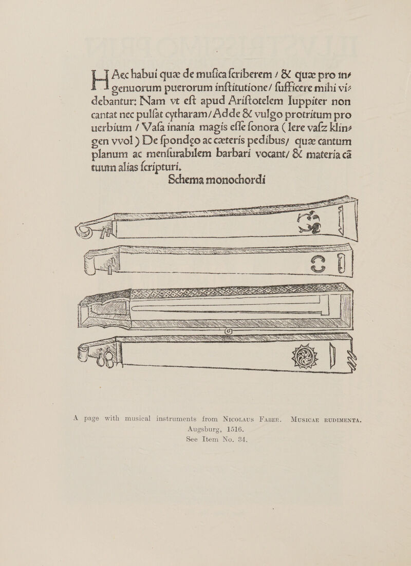 Aechabui que de mutficaferiberem / &amp; qua pro ine genuorum puerorum inftitutione/ fufficere mihi vi debantur: Nam ve eft apud Ariftotelem Juppiter non cantat nec pulfat cytharam/Adde &amp; vulgo protritum pro uerbium / Vafa inania magis effe fonora (lere vafz klins gen vvol ) De {pondgo ac ceteris pedibus; que cantum planum ac menfurabilem barbari vocant/ &amp; materia ca tuum alias fcripturi. Schema monochordi  A page with musical instruments from Nicotaus Faser. Musicaz RUDIMENTA. Augsburg, 1516.
