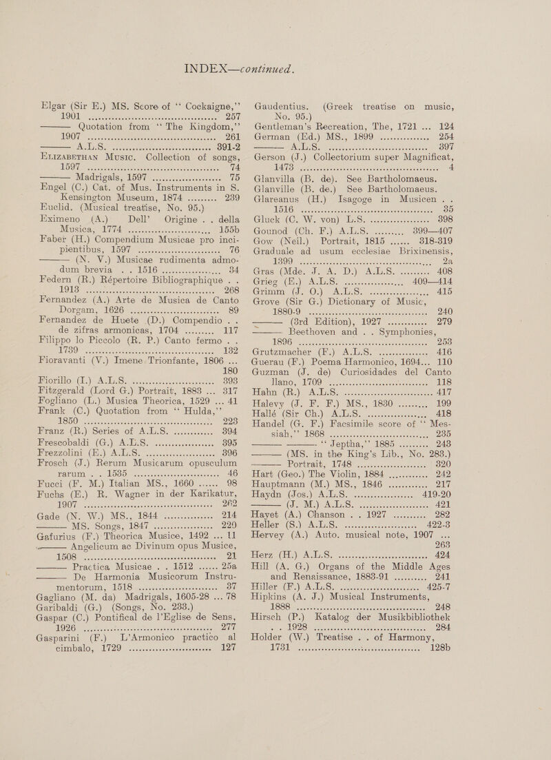 Elgar (Sir E.) MS. Score of ‘‘ Cockaigne,’’     OL: etch ede arsterdeathectanzan croutons dasvGas 257 Quotation from ‘‘ The Kingdom,’ RIOT” 5555 re eeeee eee shesst coats aswamace es 261 Bi TasBice arbise nee aihmee okeoes oaks ote 391-2 EXLIZABETHAN Music. Collection of songs, TO Dias ee es DOR ens ee a heh ones es 74 Madrigalss!TD9 Ge coc. cussoetses nee 75 Engel (C.) Cat. of Mus. Instruments in 8. Kensington Museum, 1874 ......... 239 Fuclid. (Musical treatise, No. 95.) Eximeno (A.) Deli’ Origine . . della INET CIC ae UA eaten Soe 155b Faber (H.) Compendium Musicae pro inci- promtiouss, POUE tc incites cocser ea eanest 76 (N. V.) Musicae rudimenta admo- dum brevia BONG 4 oe ue lish: 34 Federn (R.) Répertoire Bibliographique . . pon” RO? (ER ace stage sen csn was oe os kcetaes 268 Fernandez (A.) Arte de Musica de Canto Dore unae’ MOD Ge axa ccuntd coe cee 89 Fernandez de Huete (D.) Compendio. . de zifras armonicas, 1704 ......... 117 Filippo lo Piccolo (R. P.) Canto fermo. . SON seceten Me aot aia Cue hon eer caater 132 Fioravanti (V.) Imene Trionfante, 1806 ... 180 orbto-Ck.); Av Lies wasch cat conengesckanene 398 Fitzgerald (Lord G.) Portrait, 1883 ... 317 Fogliano (L.) Musica Theorica, 1529 ... 41 Frank (C.) Quotation from ‘‘ Hulda,”  NSS Osos dans turer dnc tat gh ocean 223 Rranz, ib.) Series Of Adi Se 7..8i.ceeses 394 HiGesco ald \(Gre)e Ae lnOe vatec ts oueteae ss oe 395 remolnd. (Pic) Ax Li. jescccsecmictes cowehe 396 Frosch (J.) Rerum Musicarum opusculum PEC = he, UD Ue tonne asia sieisesressisie intone idle 46 Fucci (F. M.) Italian MS., 1660 ...... 98 Fuchs (F.) R. Wagner in der Karikatur, MST. caeiascsaineusintataasievee daemon aa anes 262 Gade W)2 WSs) 1S44 onc. n ct neocon 214 MS: Sones, 1847 vo... scsccnceaunes 229 pa (F.) Theorica Musice, 1492 ... U1 Angelicum ac Divinum opus Musice,    TNS (Soir Se ane RUT AE So bok LA a RA 21 Practica Musicae . . 1512 ...... 25a, De Harmonia Musicorum Instru- TmOMeOvUIM. LOLS oc: te sliesadueegateassieter’ 37 Gagliano (M. da) Madrigals, 1605-28 ... 78 Garibaldi (G.) (Songs, No. 283.) Gaspar (C.) Pontifical de l’Eglise de Sens, MOD Gerdes tundanisnavcubsveks teneebs nema 2 eee Gasparini (F.) L’Armonico practico al Gimp alOn sl 129 wesasieneneoeaneevomumuere 127  Gaudentius. (Greek treatise on music, No. 95.) Gentleman’s Recreation, The, 1721 ... 124 Germian (iid. ONE San 1899, toscdavsicenbes 254 INE NS SOW elas col Neneus oectuiemaumes al 397 Gerson a) Collectorium super Magnificat, ALD SAiias elastin hataie wdacoal baal ste xchieeal 4 See Bartholomaeus. See Bartholomaeus. Glanvilla (B. de). Glanville (B. de.)  Glareanus (H.) Isagoge in Musicen. . A LOs so wtack foes teatac te eae saree dvonenulen 35 Givek Ce Ws vot), WS. ycess estes noon 398 Gounod: (Ole EASE ck, 399—407 Gow (Neil.) Portrait, 1815 ..... 318-319 Graduale ad usum ecclesiae Brixinensis, 11 1S AS SR i nt tetera toy a MEATS Real 2a Gras (Mde. WA Da AS se ane 408 Grieg (Hi) A SESe ic vwosentee nun 409—414 Grima SOE Oy) A Meds ae seciese seoesconinsag A15 Grove (Sir G.) Dictionary of Music, os US BOSOM. Cs san ote ve tenerte asta sein 240 ——— (8rd Edition), 1927 ............ 279 - Beethoven and . . Symphonies, SOI stron tes secant steer eran 53 Giruozmsiener -(hs) He lite. ecka nine coe 416 Guerau (F.) Poema Harmonico, 1694... 110 Guzman (J. de) Curiosidades del Canto     eino: 7. COO: Sages cases ocak oe ee aes 118 Eee aue ih chm Sas Wee OS Semen MPR NESE KA UAN Aass 417 Hralevy (J. 1. F) iS... 1eS0 oa .cenens 1199 babe Gtr 9G In.) NGS © 65a ae eee 418 Handel (G. F.) Facsimile score of ‘‘ Mes- Salli, AROO Scoot dues xan ec ttee 235 - * septa,” 1S85. wah... 2438 ——— (MS. in the King’s Lib., No. 283.) Portrait: “LIAS” oocssucouewe coat 320 Hart (Geo.) The Violin, 1884 ............ 242 Hauptmann (M.)-MS., 1846 .2.3:.2.250. 217 Ea yada AO OB) ASS. Moon uag << tonnes os 419-20 (ONS ip I Ss ee eae anlaaaa rat A421 Fhayet. (A:) Chanson: 2, 2927 0.25.96 282 Pieter (Si VATS 1-6. ckeew.cict ce camara 422-3 Hervey (A.) Auto. musical note, 1907 ... 263 Ie Wer el Fey Vaal weaken e nC ae E way 424 Hill (A. G.) Organs of the Middle Ages and Renaissance, 1888-91 .......... 241 Tinie Ci). NM BisSa) oan edna as eda 425-7 Hipkins (A. J.) Musical Instruments, PSBS do uicnpnowbasaes naccet onan snakes 248 Hirsch (P.) Katalog der Musikbibliothek ED 2B tie he samen cna Menno ddeee 284 Holder (W.) Treatise of Harmony, DT DAL is cs cere ot relates a oentei hare wis Sosa aig he 128b