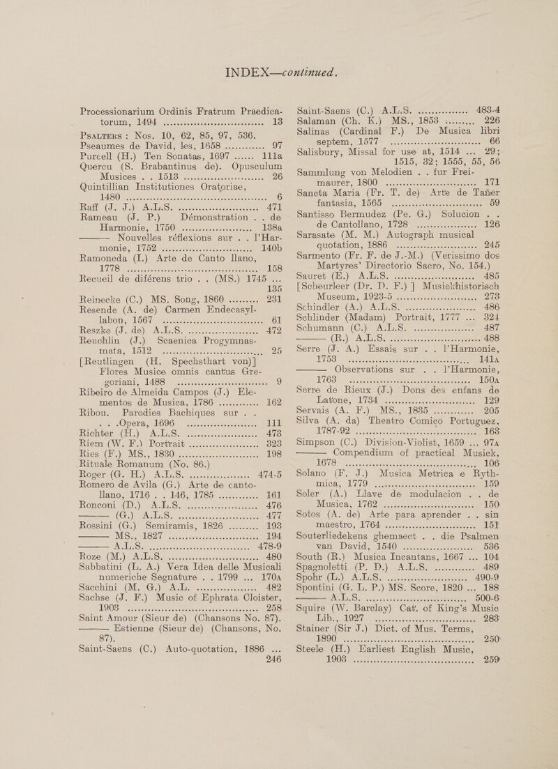 Processionarium Ordinis Fratrum Praedica-  TORU. TAA cy ieseatedusian anes atenieeaane 13 Psatrens : Nos. 10, 625/85, 97, 536; Pseaumes de David; les, 1658 ............ 97 Purcell (H.) Ten Sonatas, 1697 ...... Illa Quercu (S. Brabantinus de). Opusculum Misieesiia- + UO ocae ese tiacencee oe: Quintillian Institutiones Oratoriae, WAS 0) © Seinen tars ecusteaiss nate eogatnaeene ee) aeeeh 6 Part Cs Vins cA as ives sotsa'a doesueniee anee ATL Rameau (J. P.) Démonstration . . de PlarrinOnie. VOU sceeausonseseeereness 138a Nouvelles réflexions sur . . l’Har- PROMIC SLT ek comune cae cause 140b Ramoneda (I.) Arte de Canto Nano, TEES weeccausa uae eae cates ots otal eee 158 Recueil de diférens trio . . (MS.) 1745 ... 135 Reinecke (C.) MS. Song, 1860 ......... 231 Resende (A. de) Carmen Endecasyl- Meieotis LOGUy Sin Bena d osc atte pee 61 Masako aude): kc bate a cecsdescmmatee 472    Reuchlin (J.) Scaenica Progymnas- TWAT LOA hicsnacaewnw hss sclemunaee eaten 20 [Reuthngen (H. Spechsthart von) | Flores Musice omnis cantus Gre- georianl, 1486 | o.. ies. con ddesaneeareean 9 Ribeiro de Almeida Campos (J.) Ele- mentos de Musica, 1786 ............ 162 Ribou. Parodies Bachiques sur. . ar A OM AaN ODO. Gosleciuatin ccdmemmctie 111 Integer CEL, \iov Ae BazS)s on uate oabnewe omnes AT3 Riema(W...F or Portrait! 4. vocsecseceeeoesces 323 Tes HG OND.) WOOO 420 aectdansa on ar oceeeees 198 Rituale Romanum (No. 86.) Teogers(Gic.) ) Acdine. wiih suey cae se AT4-5 Romero de Avila (G.) Arte de canto- Pam. Go Lape U8 a sae 161 Rome one.) Ay dS: o casen'eshneewadee ies, 476 CG CAS Sahay auaninssayuaameree ATT Rossini (G.) Semiramis, 1826 ......... 193 MS eB ciuoe san gee h cee eee 194 Pe eo een eae 478-9 ROBO ACE, AUST oj ations seta helena meg 480 Sabbatini (L. A.) Vera Idea delle Musicali numeriche Segnature . . 1799 .... 170a Sacchini (M. G.).. ACL. 482 Sachse (J. F.) Music of Ephrata Cloister, 1903 258 Saint Amour (Sieur de) (Chansons No. 87). — Estienne (Sieur de) (Chansons, No. Si): Saint-Saens (C.) Auto-quotation, eee ese reser eereeoeroe eee reer oeseoesoeesesreserereoer eo eeesenesne  1886-2; 246 Saint-Saens: (C.) ware. oe vc. 2. sence. 483-4 palaman )(Ch;: K.) -NiSt; 1859) 2220 c 0 226 Salinas (Cardinal F.) De Musica libri Sepuemi,~LOLT) a.css. + osseeseeea tone seues 66 Salisbury, Missal for use at, 1514 ... 29; 1515, 82201555, ‘Do, 56 Sammlung von Melodien . . fur Frei- manure, KBO0 “sacecs kaos meno 171 Sancta Maria (Fr. T. de) Arte de Tafier TOTbAShay “VOI os hah eee dee alee 59 Santisso Bermudez (Pe. G.) Solucion . . de Cantollano, W28 oi. ks hecsa teases 126 Sarasate (M. M.) Autograph musical GUOtAtLON EBS cis ceive ee 245 Sarmento (Fr. F. de J.-M.) (Verissimo dos _ Martyres’ Directorio Sacro, No. 154.)   Sauret Chis) VACHE ut hae ace eee A485 {Scheurleer (Dr. D. F.) | Musiekhistorisch Museum! 2023-0 20 sac nnesucee 273 pc adhere CAN) Se etectn ta terme ere A486 Schlinder (Madam) Portrait, 1777 ... 324 Schumann (C2) Nes. as crema an oe. gear A87 Gaia Dabs pe ann 5 4 Mn eg anid 1/08 ah 488 Serre (J. A.) Essais sur -. . I’ Harmonie, WE Rp hi ae aS ey, Cine Ore aa: 1414 Observations sur . Harmonie, LTC ae PN ACS He Oke MAL re NCA ies 150a Serre de Rieux (J.) Dons des enfans de Tabones T7SE 2 oii oan eneoanuoiee 129) pervars CA. Ha)? YS tee os encace es 205 Silva (A. da) Theatro Comico. Portuguez, ETB TOD onan sac encemnees oer eee eee 163 Simpson (C.) Divieion: Violist, 1659 ... 97a —_— Compondinn of practical Musick, INOW: RRR Som aac USN eet LAE 106 Solano (F. J.) Musica Metrica e Ryth- MCR, “LTO ote cries os eee eee 159 Soler (A.) Llave de modulacion .. de EGC as EV O25 2 Nanaia grat omens aes 150 Sotos (A. de) Arte para aprender .. sin mM AOStHO., “UWOD Kesh ckeagsccasenseceseee ee 15? Souteriedekens ghemaect . . die Psalmen Vien David, hot One sine mennaneeten 5386 South (R.) Musica Incantans, 1667 ... 104 Dpaomotetbie(E. I). ACE Sona crsnce cee 489 Soler it), A. die... J. us comemtinasonscaeeen 490-9 Spontini (G. L. P.) MS. Score, 1820... 188 8 UE ESET AN res sh 500-6  Squire (W. Barclay) Cat. of King’s Music lhib,, 1927 283: Stainer (Sir J.) Dict. of Mus. Terms, eee re oevereececsereeoeereeserecre FOO a Lc cigeases goals avcais niece emcee wen 250° Steele (H.) Harliest English Music, MIDS Feaonaetsierea salen uiteoacent avant remem ey 259