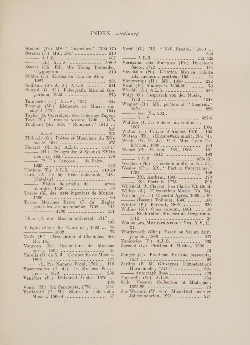 Steibelt (D.) MS. ‘ Ouverture,’’ 1799 170   Strauss we VES gs ESAT fia uacihawe eek eh aia 219 AME tie iW oneok seas raeatasiits wan 507 ives is I es et Aa ee Aca Pin 508-9 Stuart (Ch. Hd., the Young Pretender) CEYPLOGTAMI: “aerswots sUsteve gers comes 510 ' Subira (J.) Musica en casa de Alba, BO Acq Sanias wa uae tics wesc eee cacy seeds 281 Dull vem (ott Ava) VA Gu ue ecnacee 511 Sunyol (G. M.) Paleografia Musical Gre- BOMHAME LOZ5: shes aslosiek oa econ aeos 276 Tamiberlk (.)) A. 38.,°1 857 vaicscws 2244 Tans’ur (W.) Elements of Musick dis- | OL INO tad TR ee ee EER PO EN CTR 1544 Taylor (8. Coleridge). See Coleridge-Taylor. Tevo (Z.) Il musico testore, 1706 ... 1174 Thalberg (S.) MS. ‘‘ Romance,’’ 1842          212 Fate hc i Arg ane nen en RE ee 5138 Thibault (G.) Poetes et Musicians du XVe re BG yl 0012 Sa carey Ge ESE MAR OY AL OO 275 Phomee (CHA MUA MSs iercoreecens 514-17 (H.) Typography of Spanish XVIth Gemtury LOO ai. bs. eas ccss pee cae 278 (P. F.) Cancoes . . da Beira ede weitere ne A aS Ae 272 Mieuyeme Cay A Wie Ga eieeee gia snwsaies 518-20 Torre (A. de la) Visio delectable, 1484 SUG NGOS 08) INA Gene Rat ie ete aN par a 7 Vision. delectable de artes Miemaless POZO ck acs eee chant os anteiss s 39 Torres (M. de) Arte ingeniosa de Musica, 1 UES GON shai Se ee Nee nee ne 60 Torres Martinez Bravo . de) Reglas generales de acompafiar, 1702 ... 115 HLM hs cts ecto se Sastre 131 Ulloa (P. de) Musica universal, 1717 ... 122 Valagre (Sieur de) Cantiques, 1592 ... 70 - MOO aia chee erase ee seis tee ae Valla (F.) (Translation of Cleonides. See No. 15.) Vanneus (S.) Recanetum de Musicae SEO Hi, PONS ata cqnredcewaeteele lew ane eters 45 Varella (D. de 8. J.) Compendio de Musica, MBOG) Fic sectesnaet uta esne dus gaeuieasen meets 17 (S: PB.) Numero Voeal, 1702 ... 106 Vasconcellos (J. de) Os Musicos Portu- CMe ZS MOU Os caves ated ia romani ends: 236 Venables (B.) Universal Angler, pees 05 Vento (M.) Six ae MO eure 153A Verdezotti (G. M.) Stanze in ede della Musica, 1560-4 See eS TEE Hecke ot  ‘* Nell Ernani,’’ 1860 .. Verdi (G.) MS. 230   AU GATS ie egicinsne snes Ae arn none 521-525 Verissimo dos Martyres (Fr.) Directorio PD ACLOM NMA W2h au ones dante casey eee ey Vicentino (N.) L’antica Musica ridotta alla moderna prattica, 155 ......... b4 Voeuxtemps (lino MiSs.. 1S 50.).47... 400 222 Vitali (F.) Madrigals, 1605- AO erccaolene 78 Vivaldi (A.) A.L. Sook ee ete 526 Voigt (C.) Gespraech von der Musik, BIpAD Sone cca tee eae 1344 Wagner (R.) MS. portion of ‘' Siegfrid,”’ SOA eu are csenn eee anh ater tnceet ek ere aos 228 ——— (see No. 262). Sat ENS aa ea cst me Ne Se ees aI 527-8 Walther (J. J.) Scherzi da violino WO Bie. x aches te totiied See uamace ntlzas ae ae OO Walton (J.) Universal Angler, 1676 ... 105 Watson (Th.) (Elizabethan Music, No. 74). Weale (W. H. J.) Hist. Mus. Loan Ex.   TS VSS rif ula nh cl 6 Un ae oe te erent Ren 244 Veber (Ch. M. von) MS., 1808 ...... 181 TASH” ea anu Arg AM sn Ah 183 A. , rane ee cere nts ae ae 529-531  Weelkes (Th.) (Klzabethan Music, No. 74). Wesley (Ch.) MS. * Part. of Caractacus, oe  HAC ene irre cn APM ene aR thi Och 166 Ms, Anthem. (S002 2s 173 (So) Portrait ATS, ua eeoes xe 825  Whitfield (J. Clarke). See Clarke- Whitfield. Wilbye (J.) (Elizabethan Music, No. 74). Wilson (Dr. J.) Cheerful Ayres, 1660 . Beh)   (Bassus Volume), 1660 ......... “100 Winters (Po) Portrait; 180005. 0.0s00.4 326 Wollick (N.) Opus aureum, 1501 ...... 18 Enchiridion Musices de Gregoriana, ey Qe: ares aelol acl aaioencntecinnatoanen tte 23 Woopstock Music-printina : Nos. 8, 9, 11, 31. Wordsworth (Chr.) Essay on Sarum Anti- phomale, USEO. Cicccuclcctne esac agree 247 Vamtewien: (io Alin Ss. sacs wicuedsawiys 532 Zacconi (L.) Prattica di Musica, 1596 ... 72 Zanger (J.) Practicae Musicae praecepta, RE ee ee Se 52 Zarlino (R. M. Giuseppe) Dimostrationi ilarmoniche. Wop Ben iic...etwcseng, 624 Autograph IMME Sst ee is decieine aay 533 Piemlsaice io ONGY Aber Oe cs sceucds ee 534. Zoilo (Cesare) Collection of Madrigals, iG 22S erases ttaparseie ioscan ya nsdsncw ae: 78 Zur Western (W. von) Musiktitel aus vier Jahrhundertenm, 1921 2.0 cc... coches ves 271