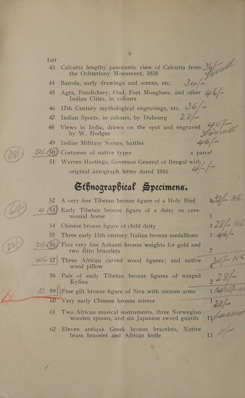 Lot | ; of, 43 Calcutta lengthy panoramic view of Calcutta from - 36/ Ss (ev - the Ochterlony Monument, 1858 WwW mS 44 Baroda, early drawings and scenes, etc. Vee /- - 45 Agra, Pondichery, Oud, Fort Mongheer, and other 4 Indian Cities, in colours . : AZ / 46 17th Century mythological engravings, etc. pet fa: 47 Indian Sports, in colours, by Dubourg 2 o/— 48 Views in India, drawn on the spot and engraved aS pe PA by W. Hodges | Lev 49 Indian Military Scenes, battles Y6/- YOL 60) Costumes of native types a parcel 51 Warren Hastings, Governor General of Bengal with» / -_ original autograph letter dated 1816 Lf ¢ EtBnoqraphical Specimens, 70/7.) 52 A very fine Tibetan bronze figure of a Holy Bird Wie “° “ G3) Early Tibetan bronze figure of a deity on cere- monial horse 1 P 54 Chinese bronze figure of child deity 1 25)- y 595 Three early 15th century Italian bronze medallions 3 “e/- 20} 4 56) Five very fine Ashanti bronze weights for gold and | two ditto bracelets ME - 57] Three African carved wood figures; and native 2 Pad L- /\ | wood pillow eae. 598 Pair of early Tibetan bronze figures of winged 2E/- | Kylins pat: prea D. 594i Fine gilt bronze figure of Siva with sixteen arms 60” ery early Chinese bronze mirror 61 Two African musical instruments, three Norwegian - \ jdbc n wooden spoons, and six Japanese sword guards TYfe 62 Eleven antique Greek bronze bracelets, Native yh brass bracelet and African knife ERY 4