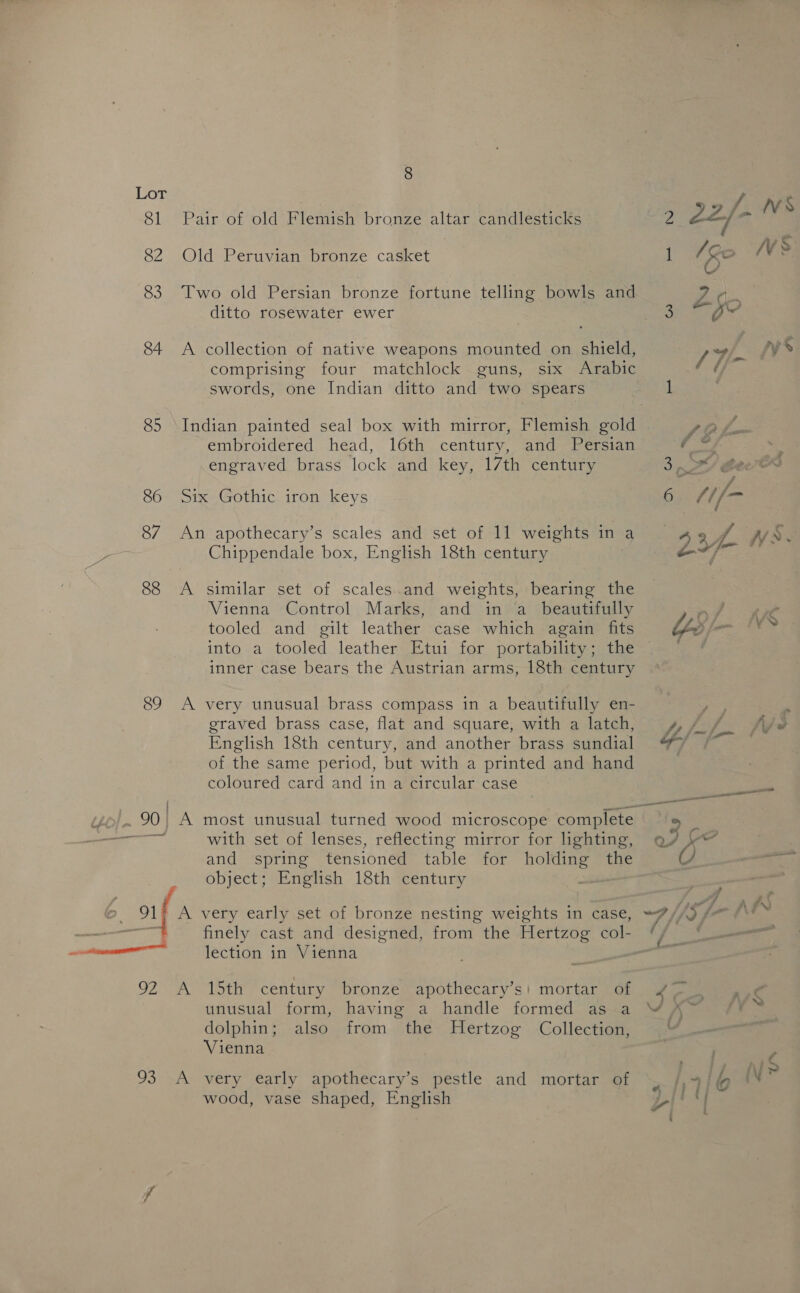 Lon 8l 82 83 84 85 86 87 88 89 Pair of old Flemish bronze altar candlesticks Old Peruvian bronze casket Two old Persian bronze fortune telling bowls and ditto rosewater ewer A collection of native weapons mounted on shield, comprising four matchlock guns, six Arabic swords, one Indian ditto and two spears Indian painted seal box with mirror, Flemish gold embroidered head, 16th century, and Persian engraved brass lock and key, 17th century Six Gothic iron keys An apothecary’s scales and set of 11 weights in a Chippendale box, Enghsh 18th century A similar set of scales.and weights, bearing the Vienna ~Control . Marks, and in®a “beautminlly tooled and gilt leather case which again fits into a tooled leather Etui for portability; the inner case bears the Austrian arms, 18th century A very unusual brass compass in a beautifully en- graved brass case, flat and square, with a latch, English 18th century, and another brass sundial of the same period, but with a printed and hand coloured card and in a circular case A most unusual turned wood microscope complete with set of lenses, reflecting mirror for lighting, and spring tensioned table for eee the object; English 18th century finely cast and designed, from the Hertzog col- lection in Vienna unusual form, having a handle formed as a dolphin; also from the Hertzog Collection, Vienna wood, vase shaped, English &gt; 4 1 /Ro We U 4 / _— Ay a? La 0 - 4 AS wah / f ( : Pf - . ” dege ‘ OF oe ~ y ; 4 , aih » “ /) (| 4 4 :