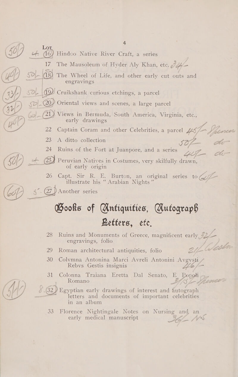 Lo Uf. (doy Hindco Native River Craft, a series  17 The Mausoleum of Hyder Aly Khan, CLG ’ Go Yo) SO} | (8) The Wheel of Life, and other early cut outs and —— | engravings ay) i OL ©) Cruikshank curious etchings, a parcel ap SD) @o) Oriental views and scenes, a large parcel SOY (yl (21) Views in Bermuda, South America, Virginia, etc., rb a Tae =. early drawings Cae 22 Captain Coram and other Celebrities, a parcel Yas ) Lows Hitt collection a 24 Ruins of the Fort at Juanpore, and. a series f ee ( ay af ie, Peruvian Natives in Costumes, very skilfully drawn, i ae of early origin ZOmeCapt-weoirpah. gb me urvonweeat orl cial ascetics to Cup - illustrate his “ Arabian Nights ” ‘ -$ ¥ ~ : | Cy 4 . Gi) Another series —— = = Books of Antiquitics, Cutograph Letters, ete. 28 Ruins and Monuments of Greece, magnificent early IY. _ engravings, folio 29 Roman architectural antiquities, folio Zz | 30 Colvmna Antonina Marci Avreli Antonini. Ve st # Rebvs Gestis insignis ZLe/- ob Colonna, draiana iBretta al ssenaiGy = Povoti &gt; AT) . Romano . | KA, | 62) Egyptian early drawings of interest and y Hic aph Cad | letters and documents of important celebrities in-an album 33 Florence Nightingale Notes on Nursing ang ane early medical manuscript SZ JV'S el e Sie ,