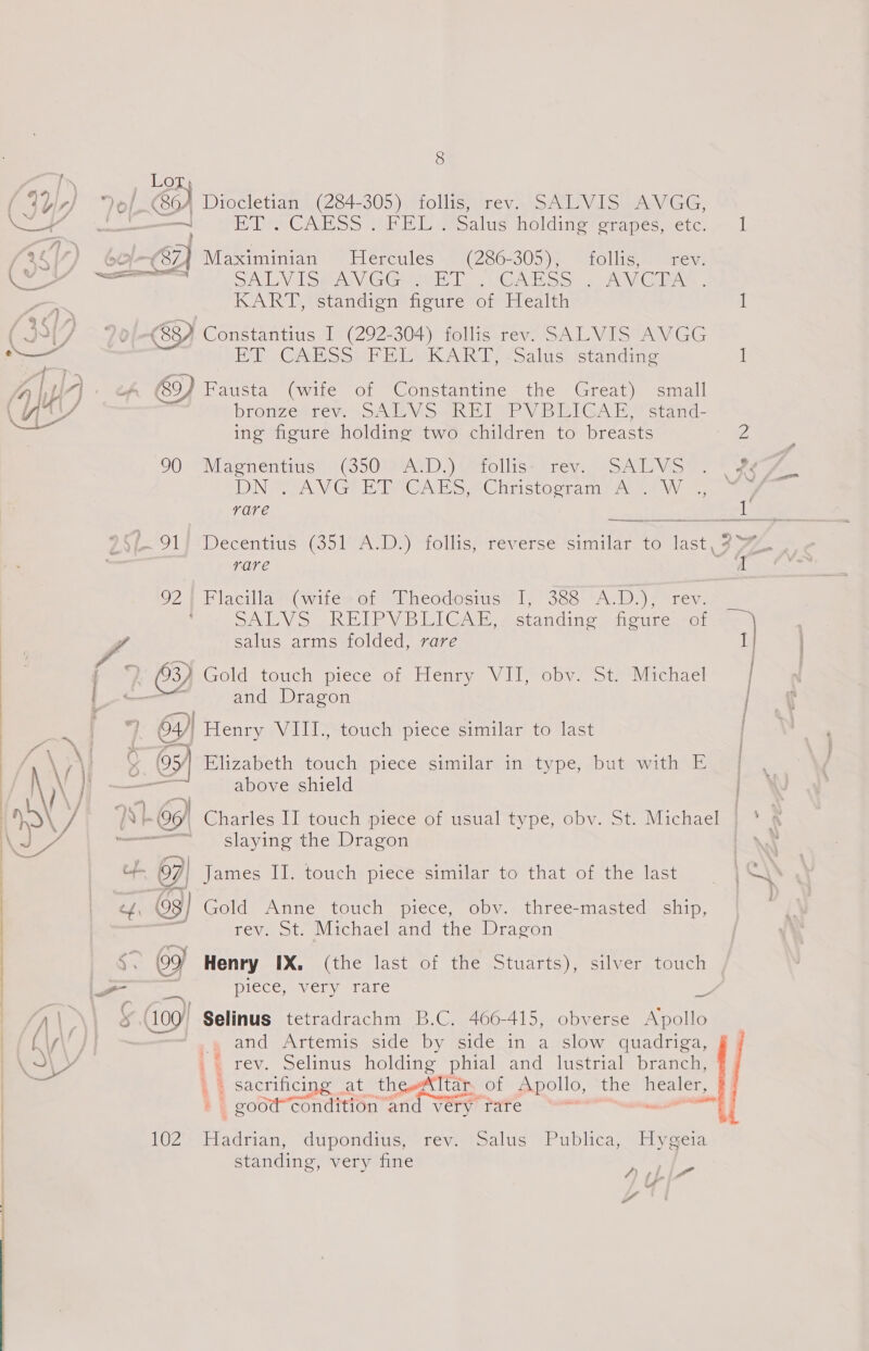 ee ins  8 Lo: ao) Diocletian (284-305) follis, rev. SALVIS AVGG, —~ mabe GAN Ss whi bi weoalus holding *erapes. etc) = | KART, standign figure of Health 1 Bx) Constantius I (292-304) follis rev. SALVIS AVGG is GEDSS Ar Blk Anas Galhseonndine 1 69) Fausta: (wife of “Constantiné~the Great). small bronzearéeve \SATEV Soak LIS PN RR TGA TH stand ing figure holding two children to breasts 2 00 SM aencntinsn 1 (50GMARD trollise trem ee Vint or 6 ane DN PAN GPE IGABS SClinstostam hie \\ 2a ee vare ik i ¢/. 91) Decentius (351 A.D.) follis, reverse similar to last. 9 ZZ rare d 92 | Flacilla (wife of Theodosius I, 388 A.D.), Sov o REI PY BL Gam. standing soars we ai 1 “) CY Gold touch piece of Henry VITPobve st) Michael ; and Dragon | 64)| Henry VIII., touch piece similar to last = Plizabeth touche pieces similariin type, Ibub with, above shield | 6) Charles IT touch piece of usual type, obv. St. Michael | * s oP clavinewsie Wragon An am 67) Wames issiouchepiecessinular, to that -ohinesiasiag &gt; os 63) Geld Anne touch ‘piece, obv.. three-masted ship, reveoot. Wiichacleand itheslracon A (09) Henry IX. (the last of the Stuarts), silver touch ‘af TN —“ s 100° Selinus tetradrachm B.C. 466-415, obverse Apollo q and Artemis side by side_in a slow quadriga, + rev. Selinus holding phial and lustrial branch, bas sacrificing at theewAltar of Apollo, the healer, - goodcondition and very rare : ea 102. Hadrian, dupondius, rev. Salus Publica, Hygeia standing, very fine het he Us ,