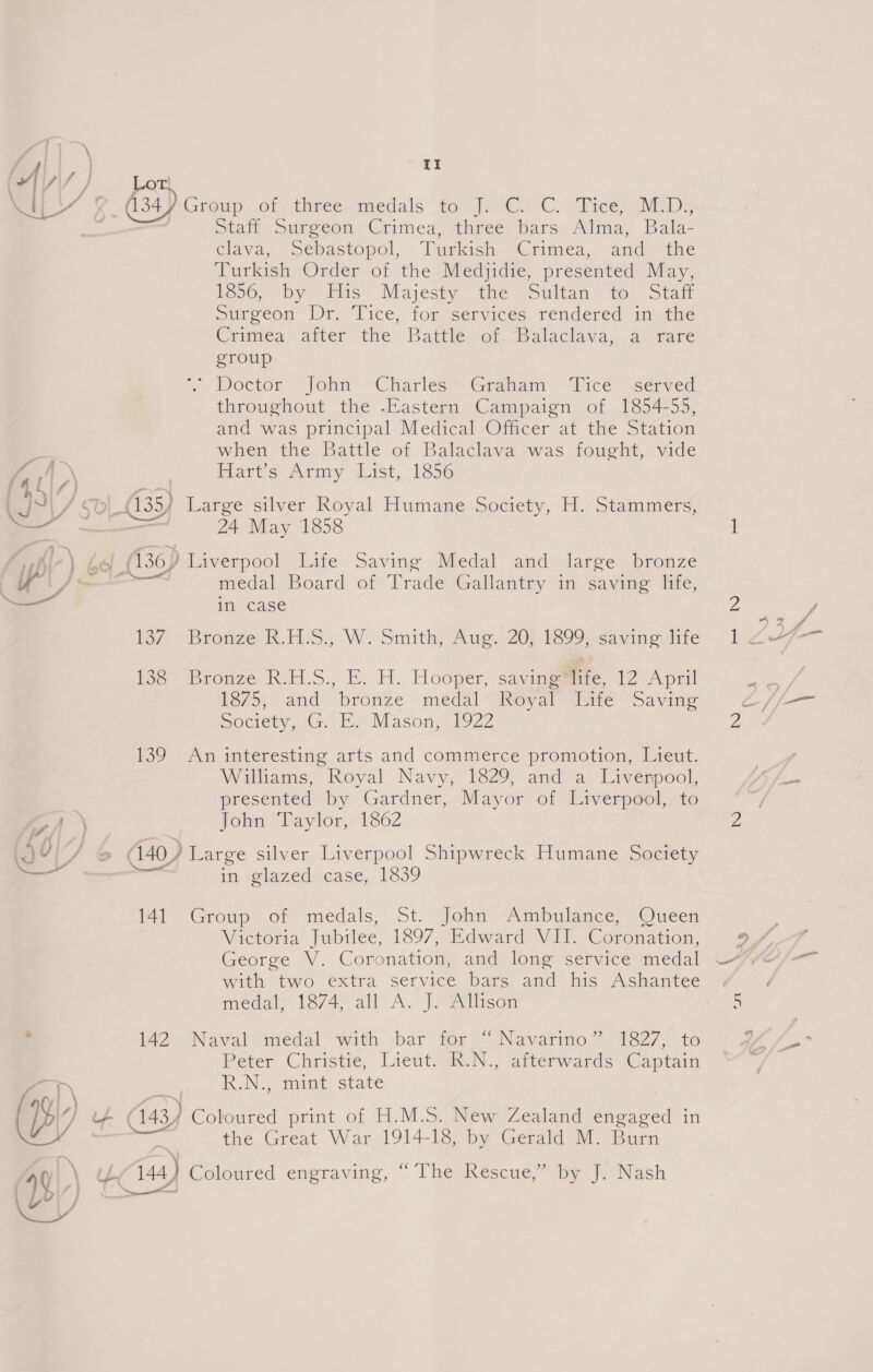 4/7 . tI mY (54) Group olythireenamedals tei. ©, viliessaMDps stati Surgeon: Crimea) three, bars Alma, Bala- Clava, Sebastopol, Tupkish Crimea, and the Turkish, Order of the ‘Medidse, presented May, 1856, by 7 His Majesty the sSultan ~to’ Stait purgeon Ii Tice, foresenmuces rendered in gine Crimteaaiter the Battle, or, Balaclava, 2. rare group octor- John “Charles Graham Wice* served throughout the -Eastern Campaign of 1854-55, and was principal Medical Officer at the Station 7 when the Battle of Balaclava was fought, vide A \ | Piers Accmy Last, 1856 { ais SO (435) Large silver-Koyal Humane Society, H.. Stammers, — 24 May 1858 \ bol. (130) liverpool. Lite Saving Medal and larze bronze Ui, medal Board of Trade Gallantry in saving life, in case 137. Bronze R.H.S., W. Smith, Aug. 20; 1899, saving life 138 Bronze R.H.S., E, H.. Hooper, saving life, 12 ‘April 1375, ‘and’ bronze nvédal “Reval iire Saying Society) (Gr EE) Mason, 1922 139 An interesting arts and commerce promotion, Lieut. Williams, Royal Navy, 1829, anda Liverpool, presented by Gardner, Mayor of Liverpool, to A John Taylor, 1862 (Yi &amp; 140) Large silver Liverpool Shipwreck Humane Society — —— in glazed case, 1839 141 Group of medals, St. John Ambulance, Queen Victoria Jubtlee, 1897, Edward VII. Coronation, George V. Coronation, and long service medal medal: 1874 all A. J. Ailitson ° 142 Naval °niédal with bar ior “'Navarino ” 1827, to Peter Christie, Lieut. R.N., afterwards Captain a. | R.N., mint state | ‘Z yt \ at Ly See Coloured print of H.M.S MeweZeuindeneneed in yY —— the Great War 1914-18, by Gerald M. Burn (8) ec 144 144) Coloured engraving, “The Rescue,” by J. Nash