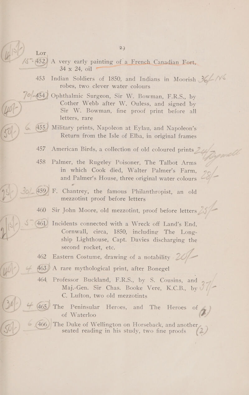 Lor ed 453 ( 466 29 34 x 24, oi = robes, two clever water colours Cother Webb after W. Ouless, and signed by Sir W. Bowman, fine proof print before all letters, rare Return from the Isle of Elba, in original frames Palmer, the Rugeley Poisoner, The Talbot Arms in which Cook died, Walter Palmer’s Farm, and Palmer‘s House, three original water colours = mezzotint proof before letters Cornwall, circa, 1850, including The Long- ship Lighthouse, Capt. Davies discharging the second rocket, etc. y Eastern Costume, drawing of a notability 7 — we Ne Maj-Gen om, Chas. Booke Vere d.C.Be oby C. Lufton, two old mezzotints of Waterloo The Duke of Wellington on Horseback, and another , seated reading in his study, two fine proofs ]